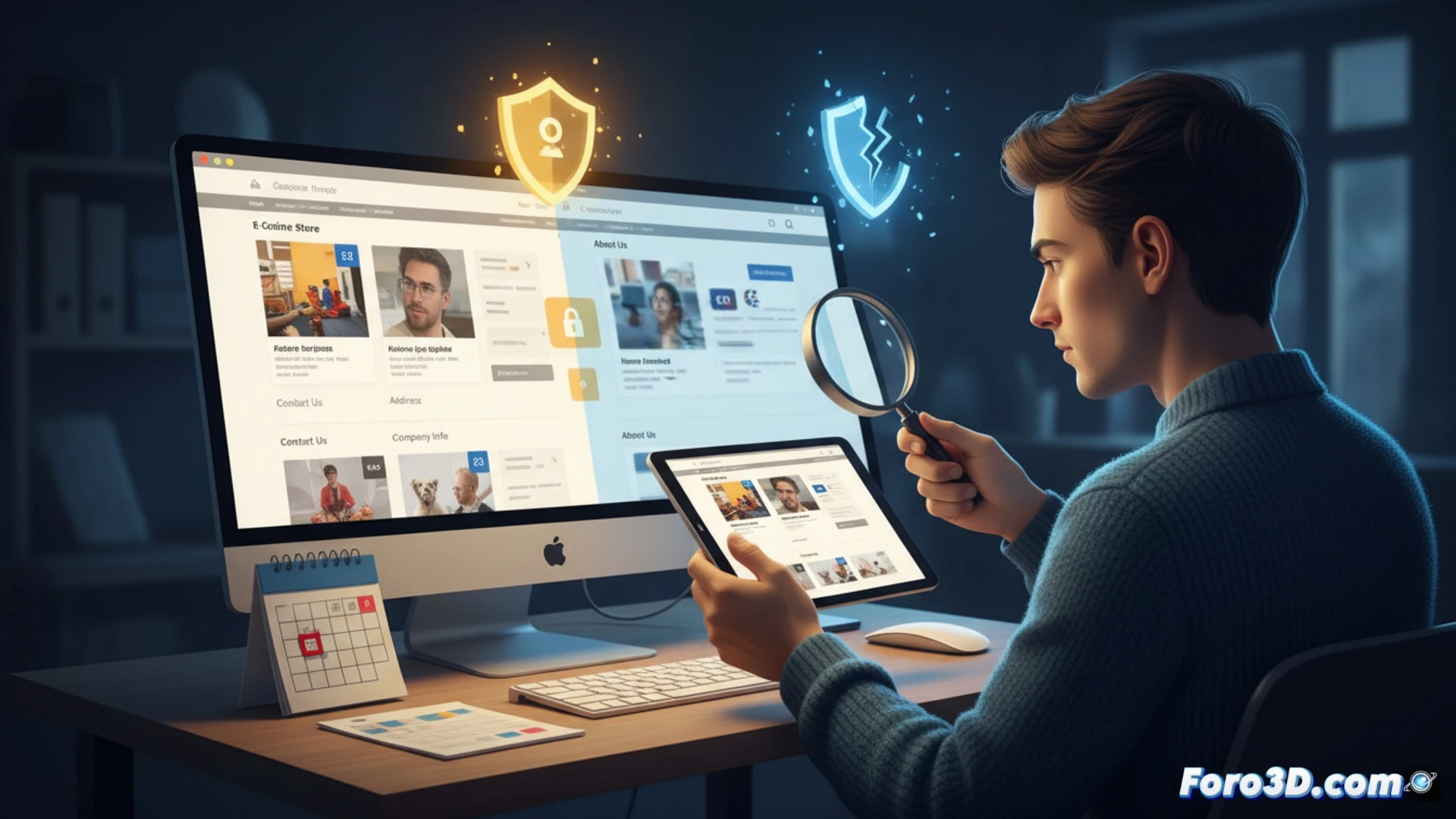 Una pantalla de ordenador muestra una tienda online sospechosa, con un candado roto, un dominio extraño y un carrito vacío, junto a una lupa que examina documentos legales ausentes.