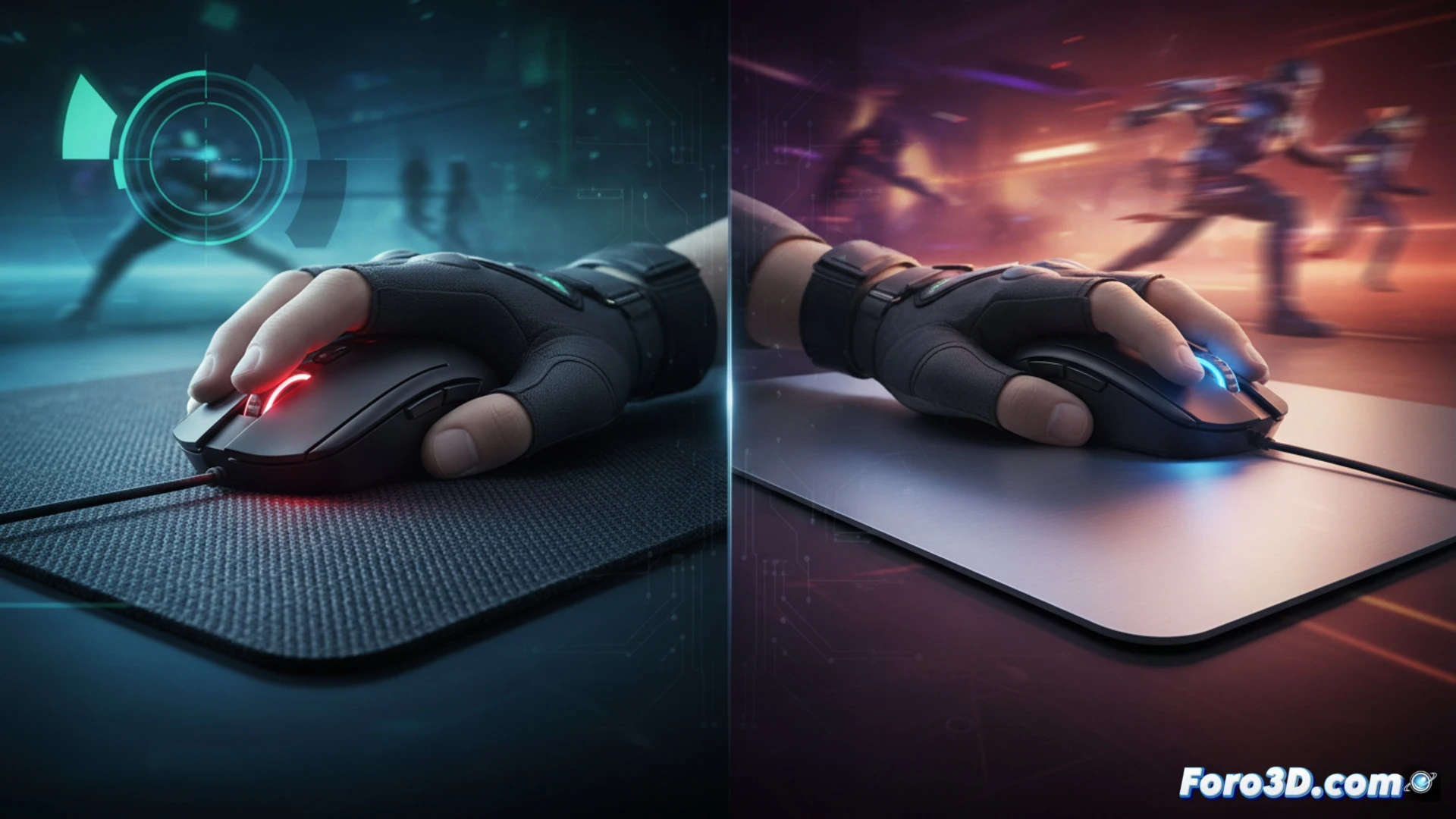 Una mano sobre una alfombrilla de tela y otra sobre una rígida, con un ratón de precisión y otro para juegos rápidos en segundo plano.