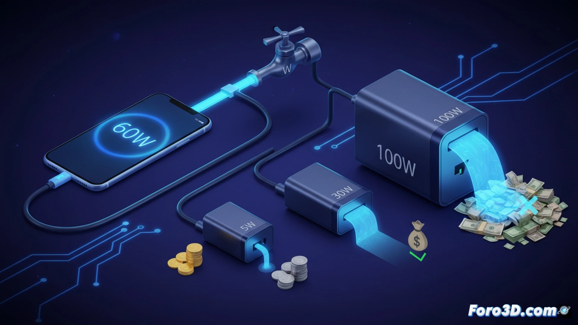 Un cargador de móvil sobre una mesa, con un smartphone conectado mostrando pantalla de carga rápida, junto a un billete y monedas, simbolizando ahorro y potencia eficiente.