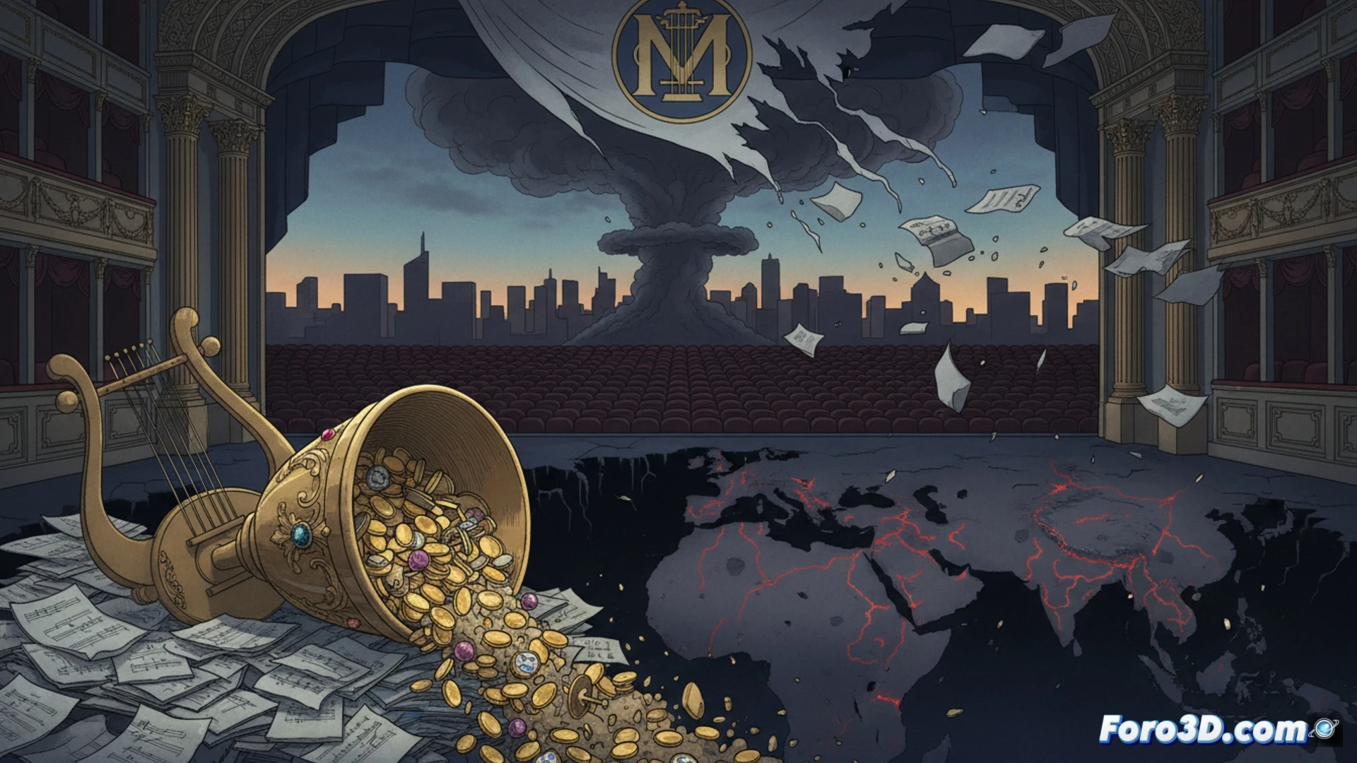 Mapa 3D de flujos financieros desde el Golfo Pérsico hacia Nueva York, interrumpidos por conflicto bélico.