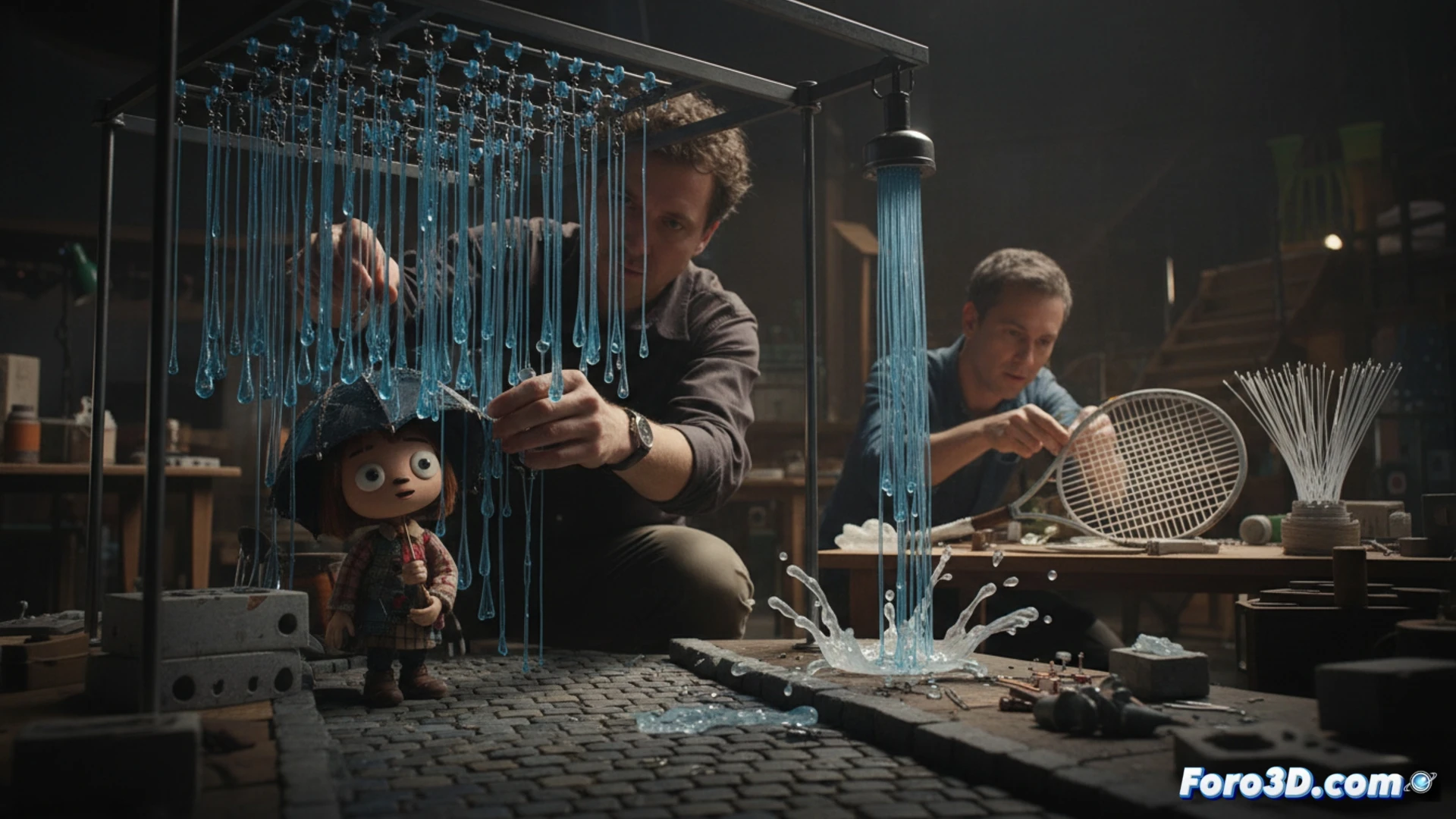 Un técnico manipula finos hilos de nailon sobre un set, formando la silueta de una ola. Imanes ocultos sostienen y mueven los hilos, fotograma a fotograma, para simular agua en stop-motion.