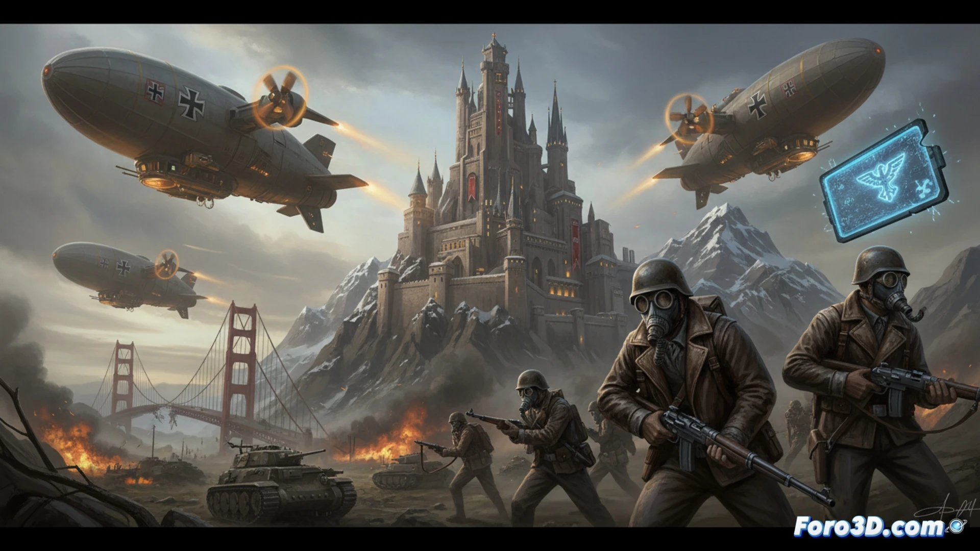 DESCRIPCIÓN: Un cartel oficial de la serie con el águila nazi rota sobre un horizonte diéselpunk, simbolizando la ucronía y el streaming revolucionario.