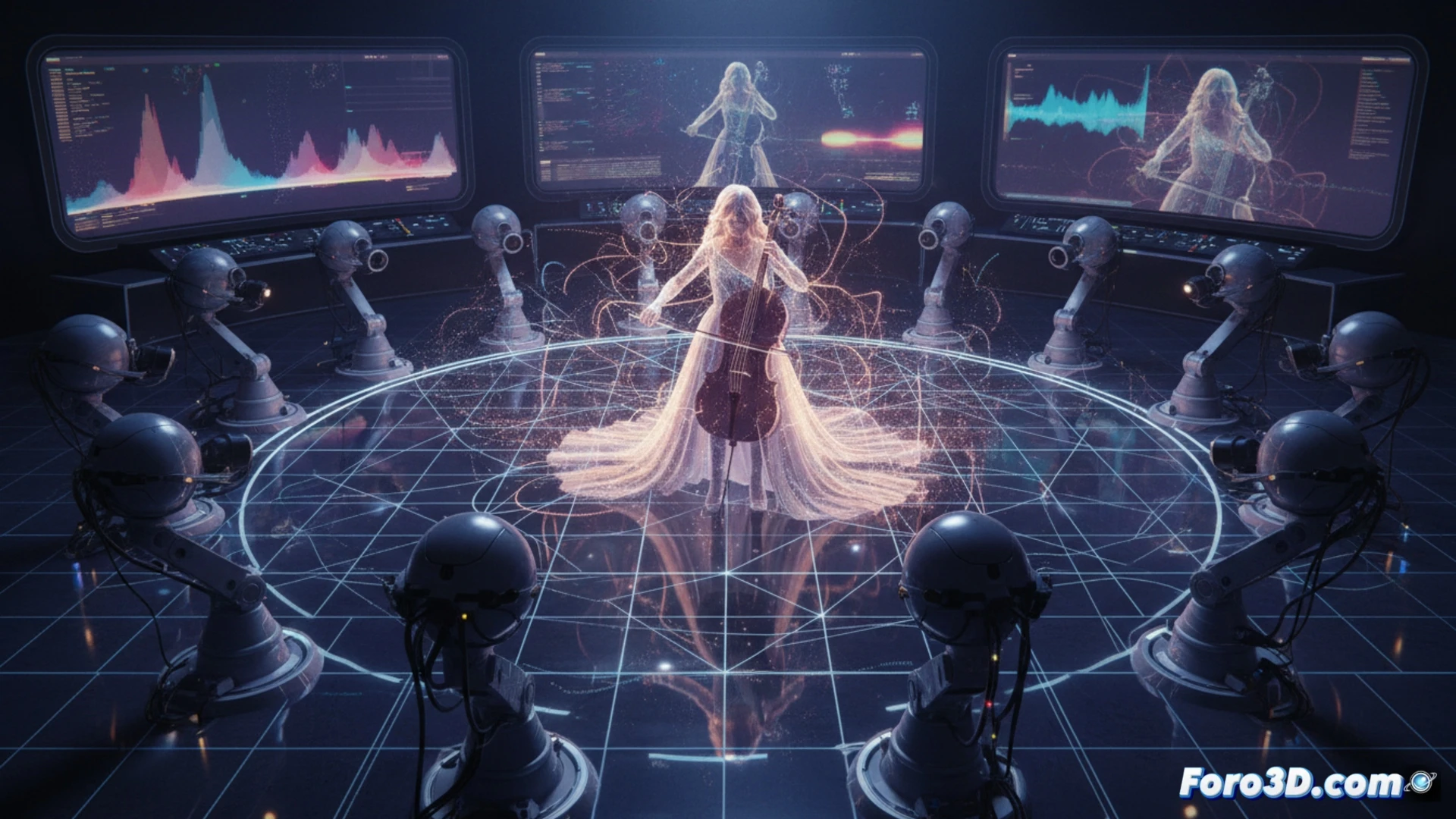 Una escena nocturna en Los Ángeles con un escenario circular iluminado por luces neón; una cantante en el centro mientras partículas 4D flotan a su alrededor, y un navegador web transparente muestra la transmisión en vivo.