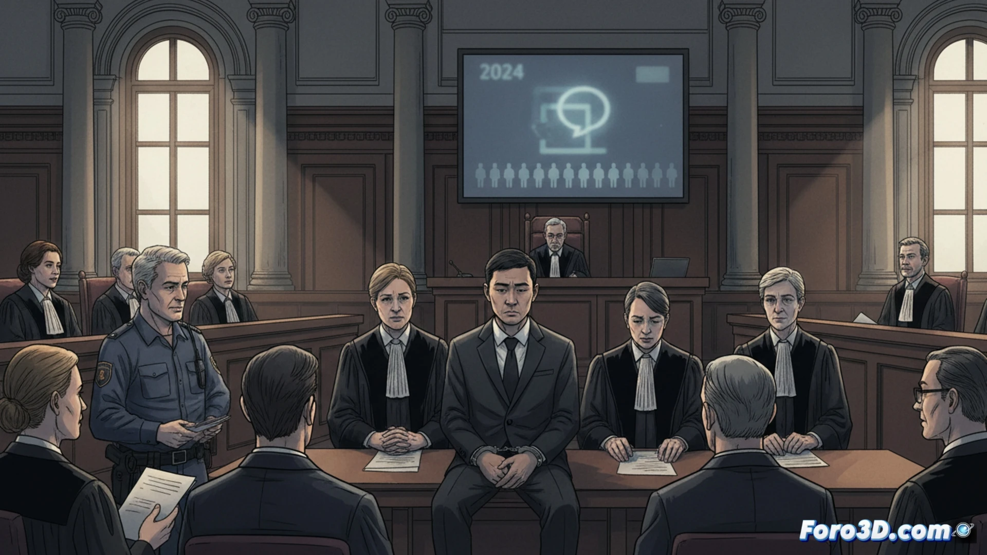 Un hombre sentado en el banquillo, con traje oscuro, frente a jueces alemanes. Fondo de sala de tribunal sobria.