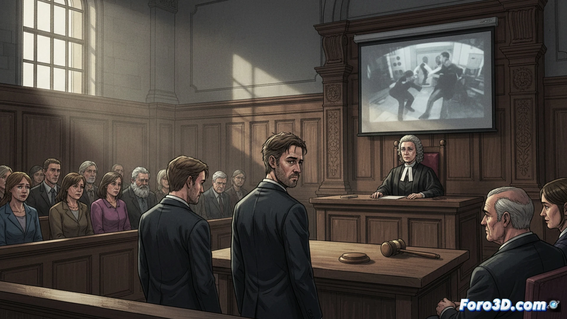 Una mujer abrumada, con un hombre agresivo proyectando sombras de control sobre ella.