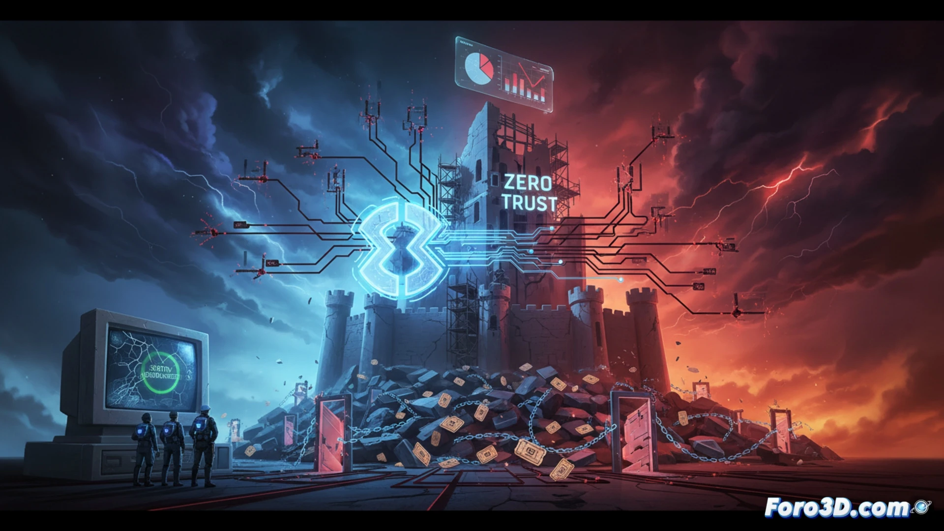 Una red digital fragmentada muestra un candado roto en el centro, con cables sueltos y un ticket de soporte ignorado al fondo.