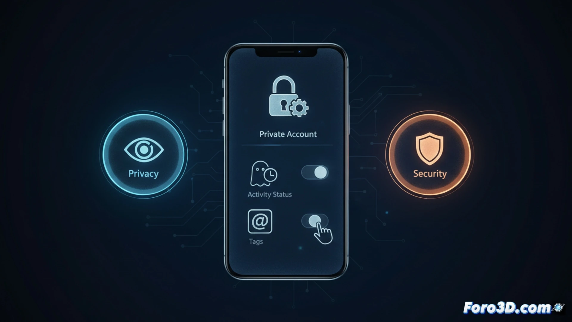 Una pantalla de móvil mostrando los ajustes de privacidad de Instagram, destacando las opciones de cuenta privada, actividad y etiquetas.