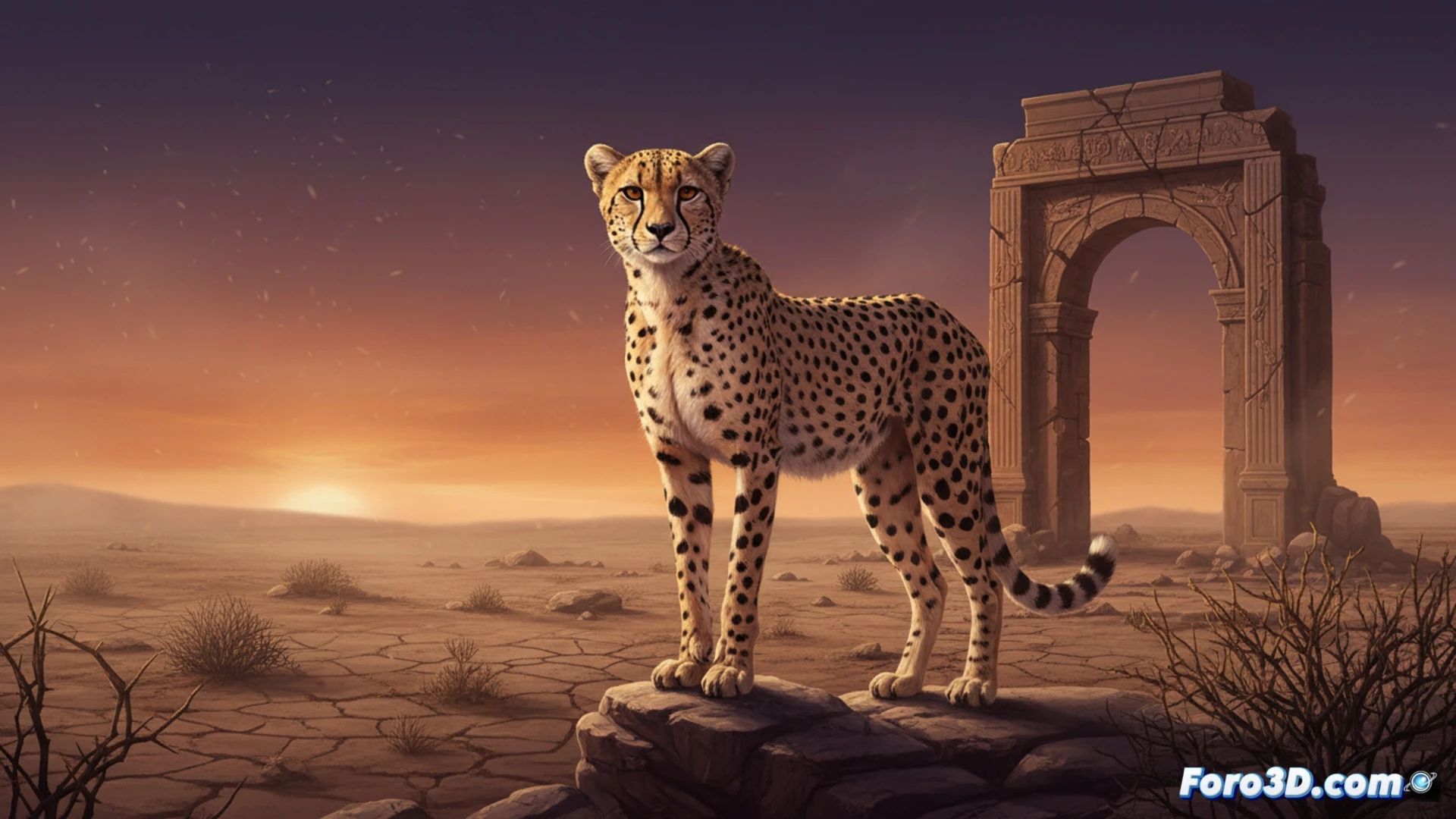 Un guepardo solitario observa desde un paisaje árido iraní, con humo de conflicto en el horizonte distante.