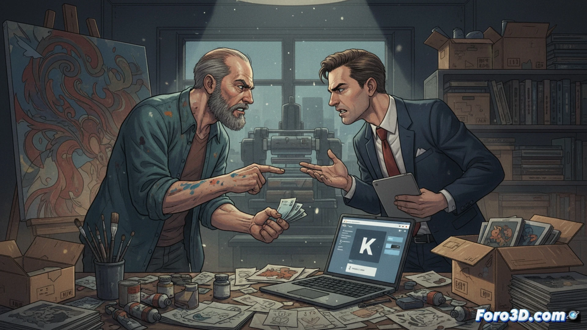 Un ilustrador revisa cuentas con gesto preocupado, tras él una pila de libros de arte y pantallas con mensajes de patrocinadores inquietos.