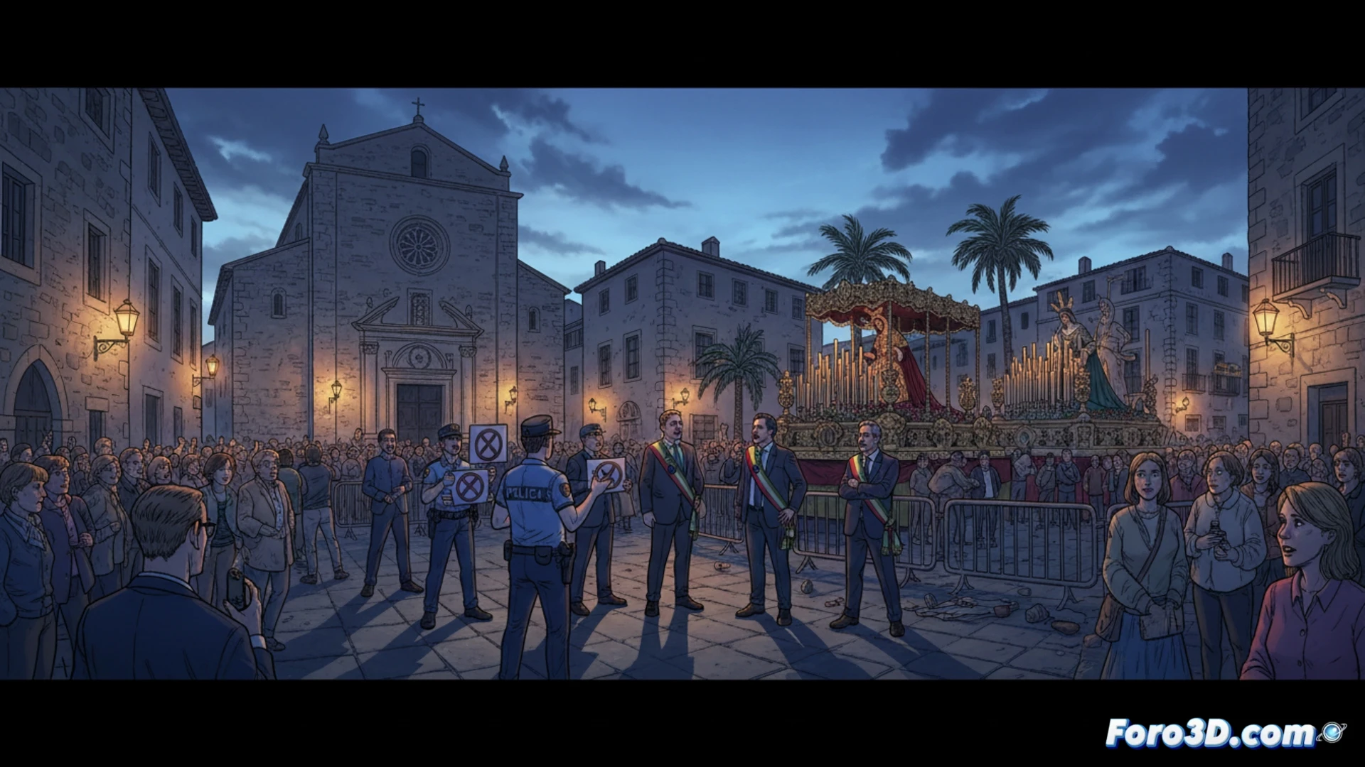 Imagen de agentes de policía local de espaldas, con chalecos reflectantes, frente a una iglesia con carteles de procesión. Expresión de tensión y desacuerdo en sus gestos.