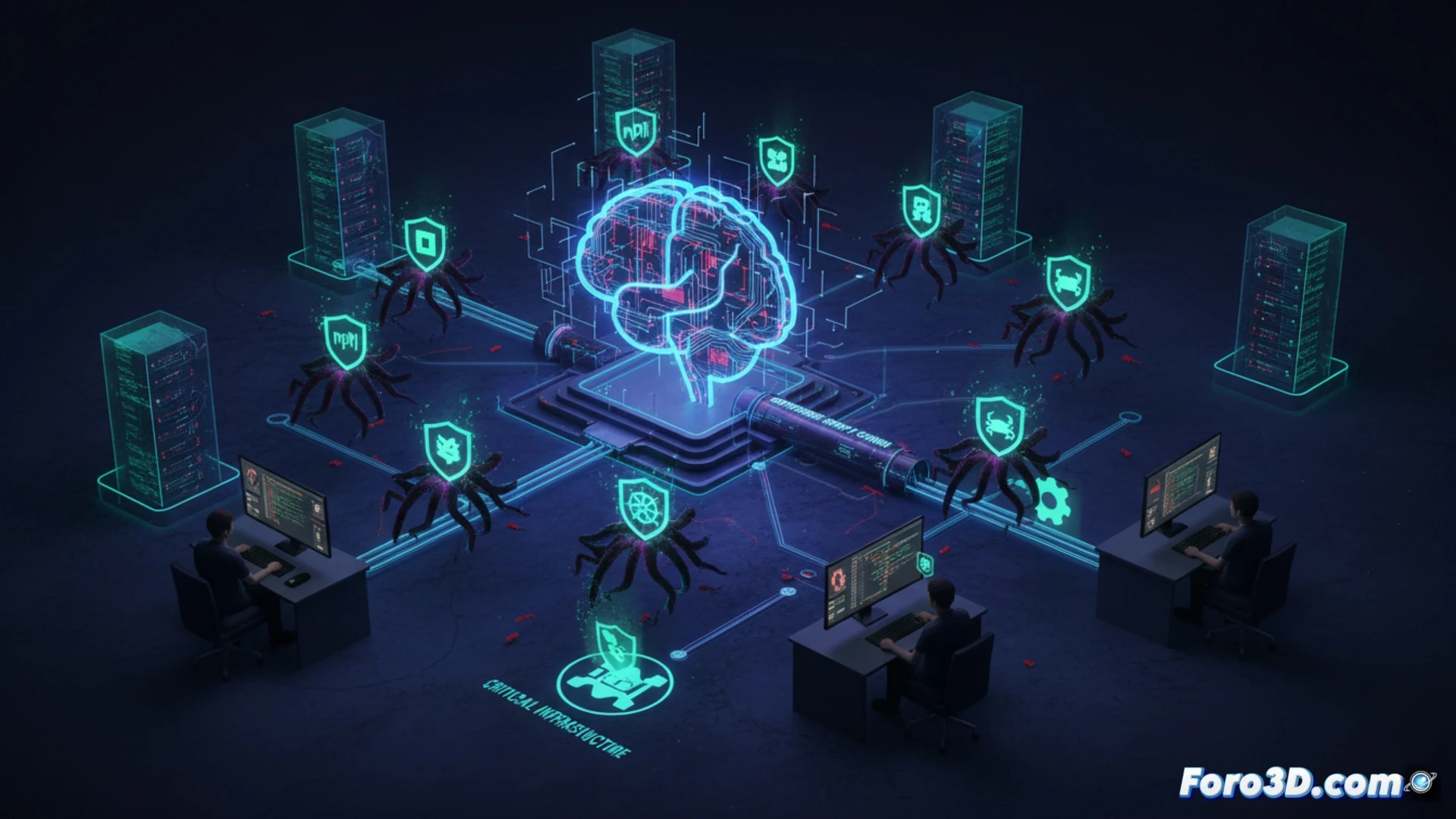 Una mano digital inserta un paquete infectado en una cadena de suministro de código limpio.