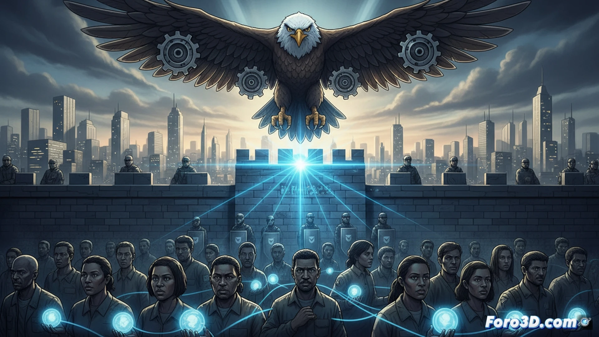 Una fila ordenada de personas con maletas cruza un paso fronterizo, mientras agentes revisan documentos bajo un cartel de bienvenida.