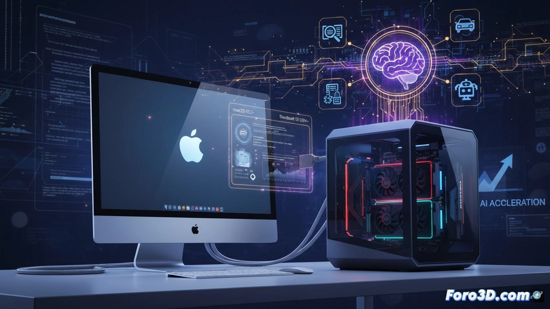 Imagen de un MacBook M conectado a una eGPU con chips AMD y Nvidia, mostrando diagramas de redes neuronales y código de IA, excluyendo iconos de juegos.