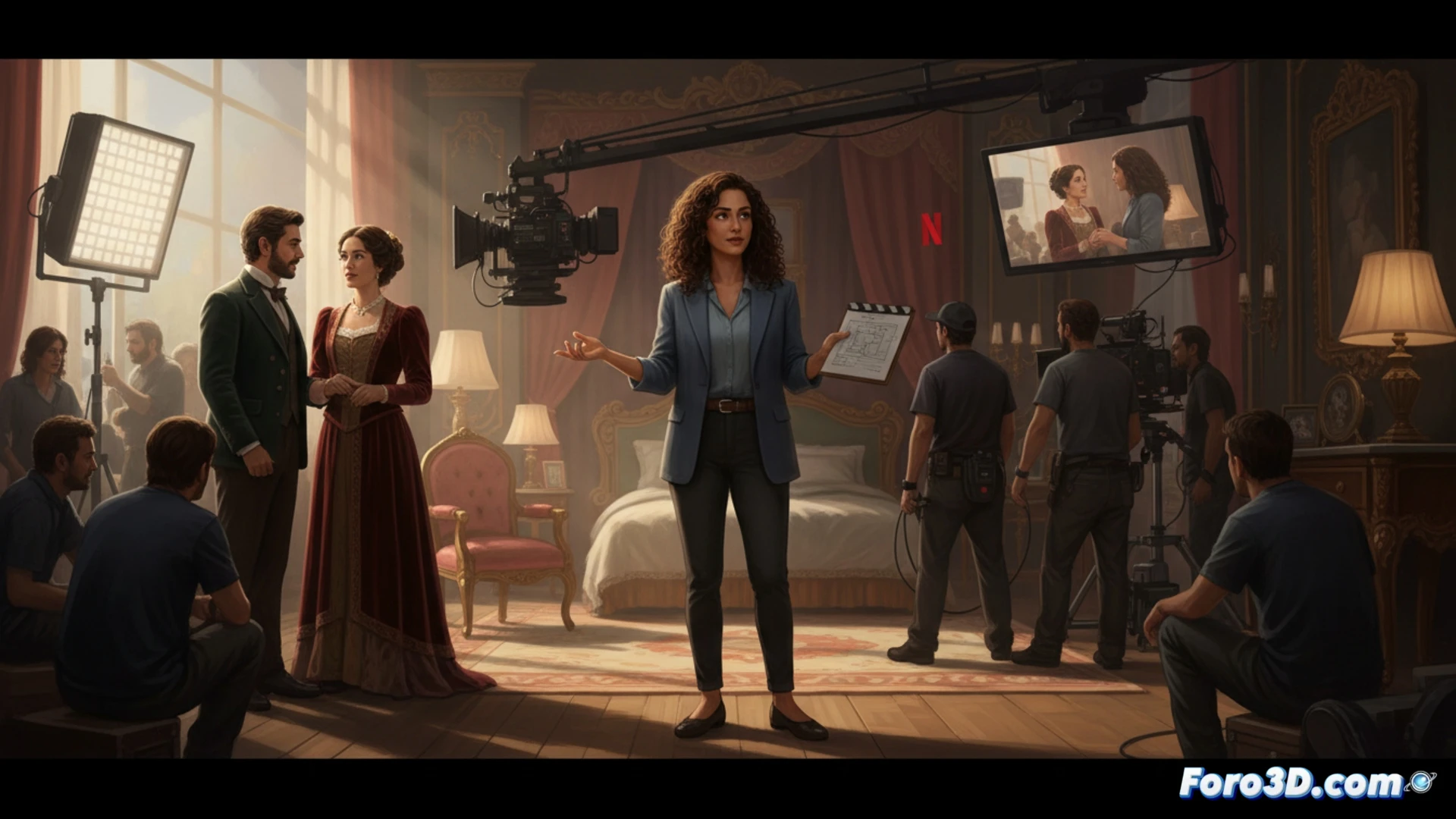 Un coordinador de intimidad conversa con dos actores en un set de filmación, revisando un guion gráfico para una escena sensible.