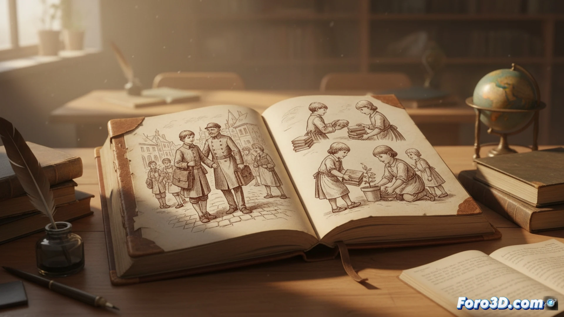 Un niño escribe en su diario en un aula del siglo XIX, rodeado de compañeros de diversos orígenes, mientras un mapa de Italia cuelga en la pared.