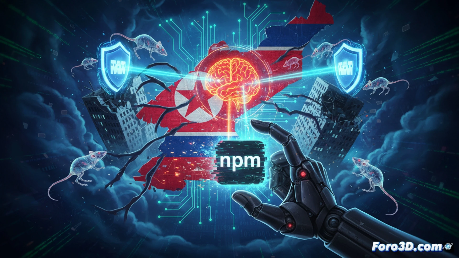 Mapa digital con código malicioso, IA robótica y bandera norcoreana sobre paquetes npm infectados.