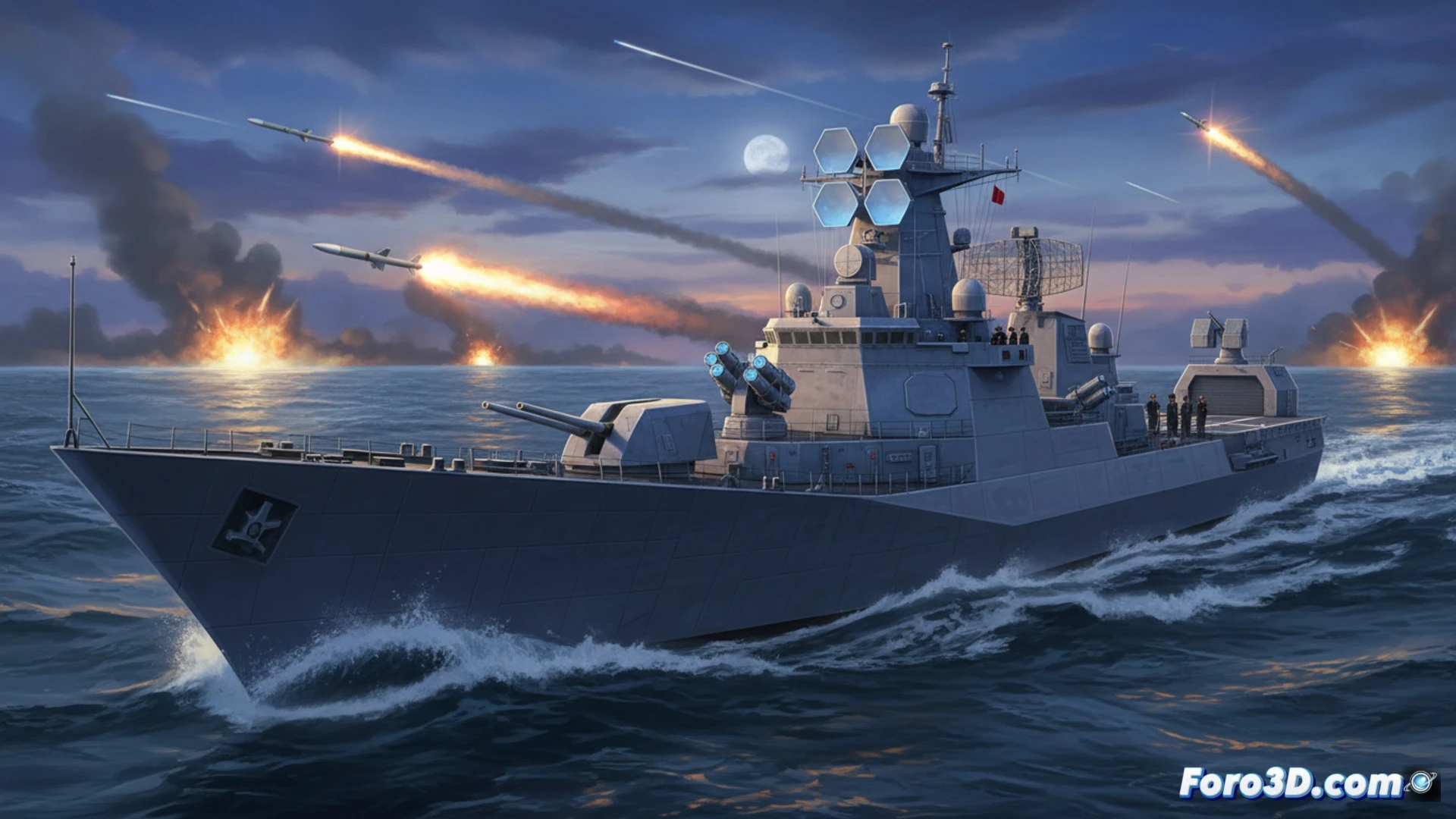 Destructor norcoreano Choe Hyon navegando, desafiante, con misiles visibles. Comparación visual con un Burke al fondo.