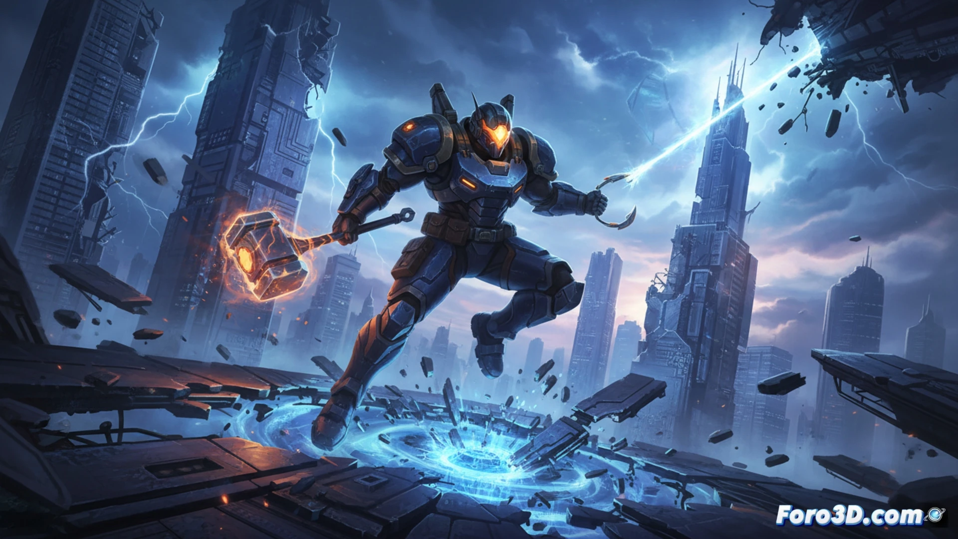 Un guerrero pixelart con armadura rota salta sobre escombros, espada láser en mano, mientras un jefe robótico explota al fondo.