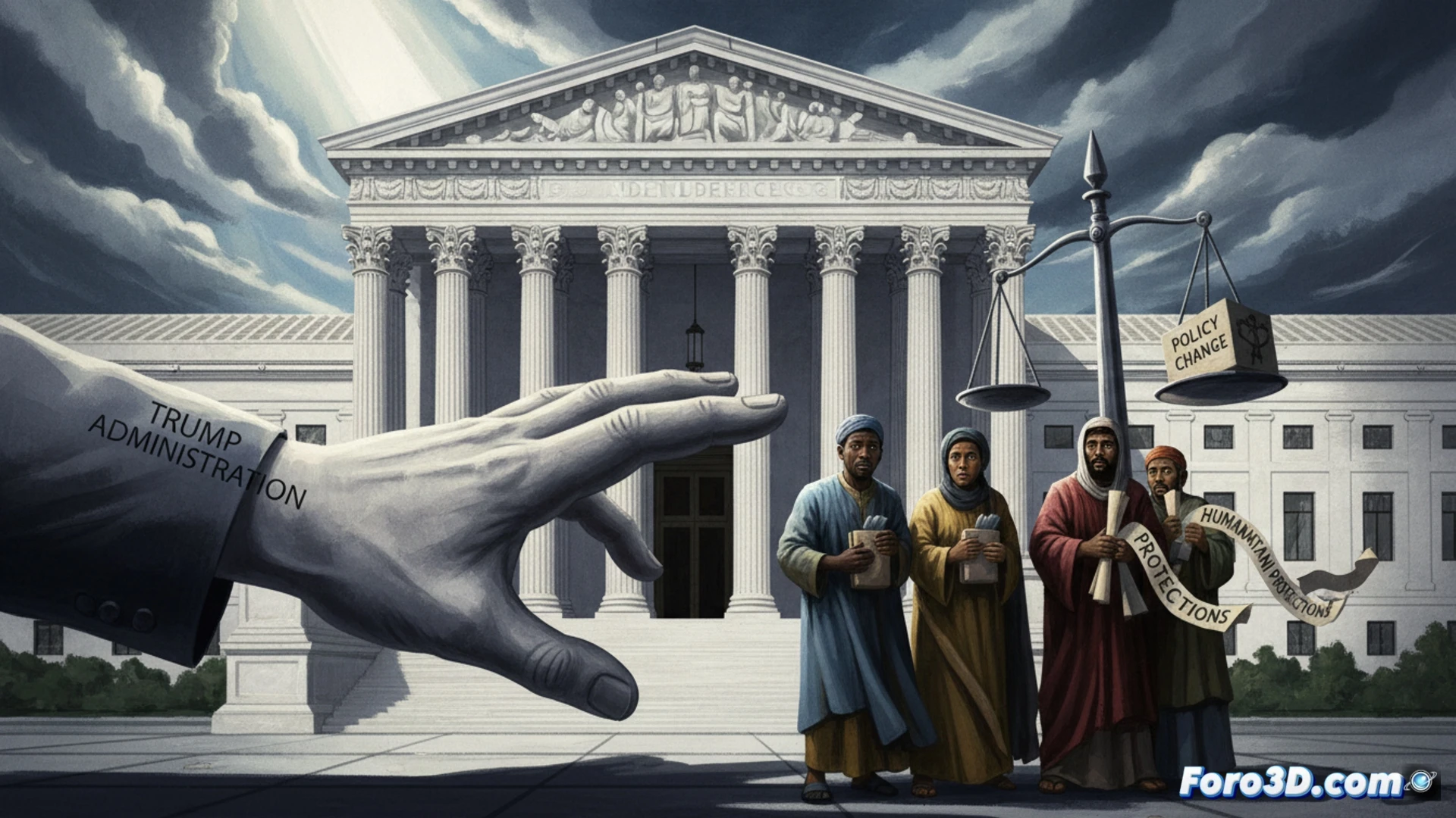 Una sala de tribunal con jueces en toga negra, detrás, un mapa de Haití y Siria con tachaduras rojas.