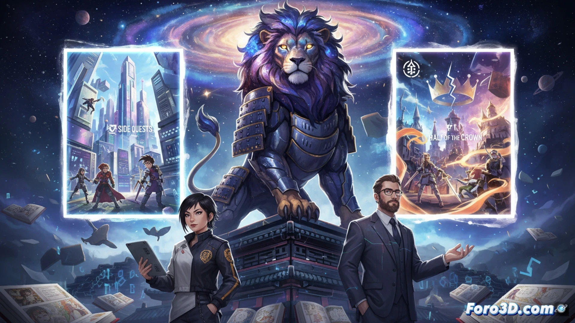 Cosmic Lion lanza su sello Comic Lion Manga: portadas de Side Quests to World Domination y Half of the Crown brillan bajo un león cósmico.
