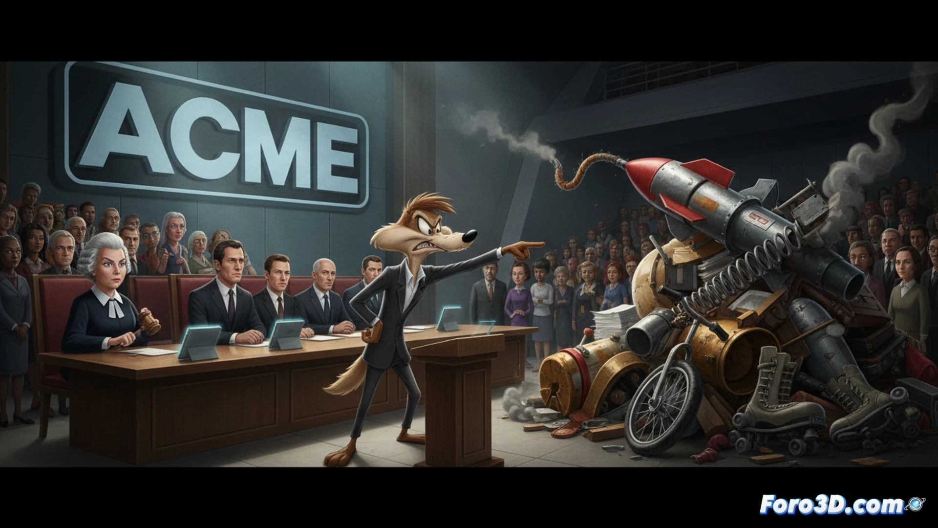 Wile E. Coyote en tribunal con abogados, frente a jueza. Productos ACME rotos y explosivos detrás.