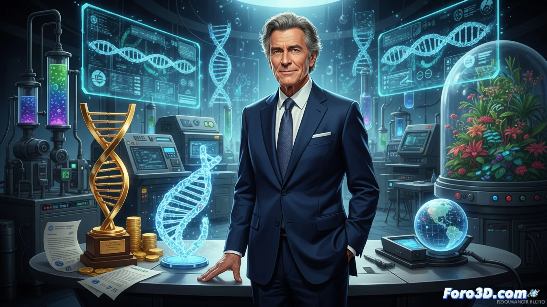 Retrato de Craig Venter, con mirada intensa, frente a un mapa genómico luminoso y una célula sintética al fondo.