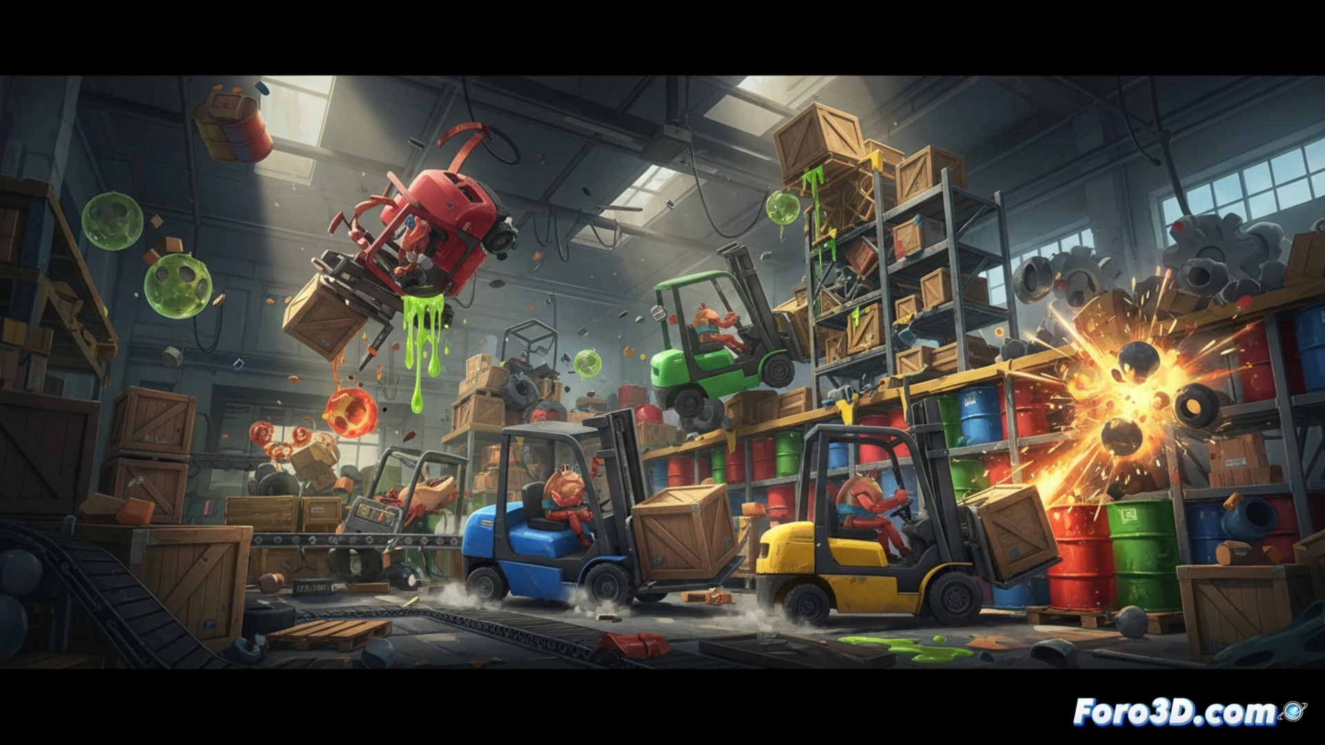 Cuatro jugadores en carretillas elevadoras chocan en un caótico almacén lleno de cajas voladoras y luces brillantes, con estilo cartoon.