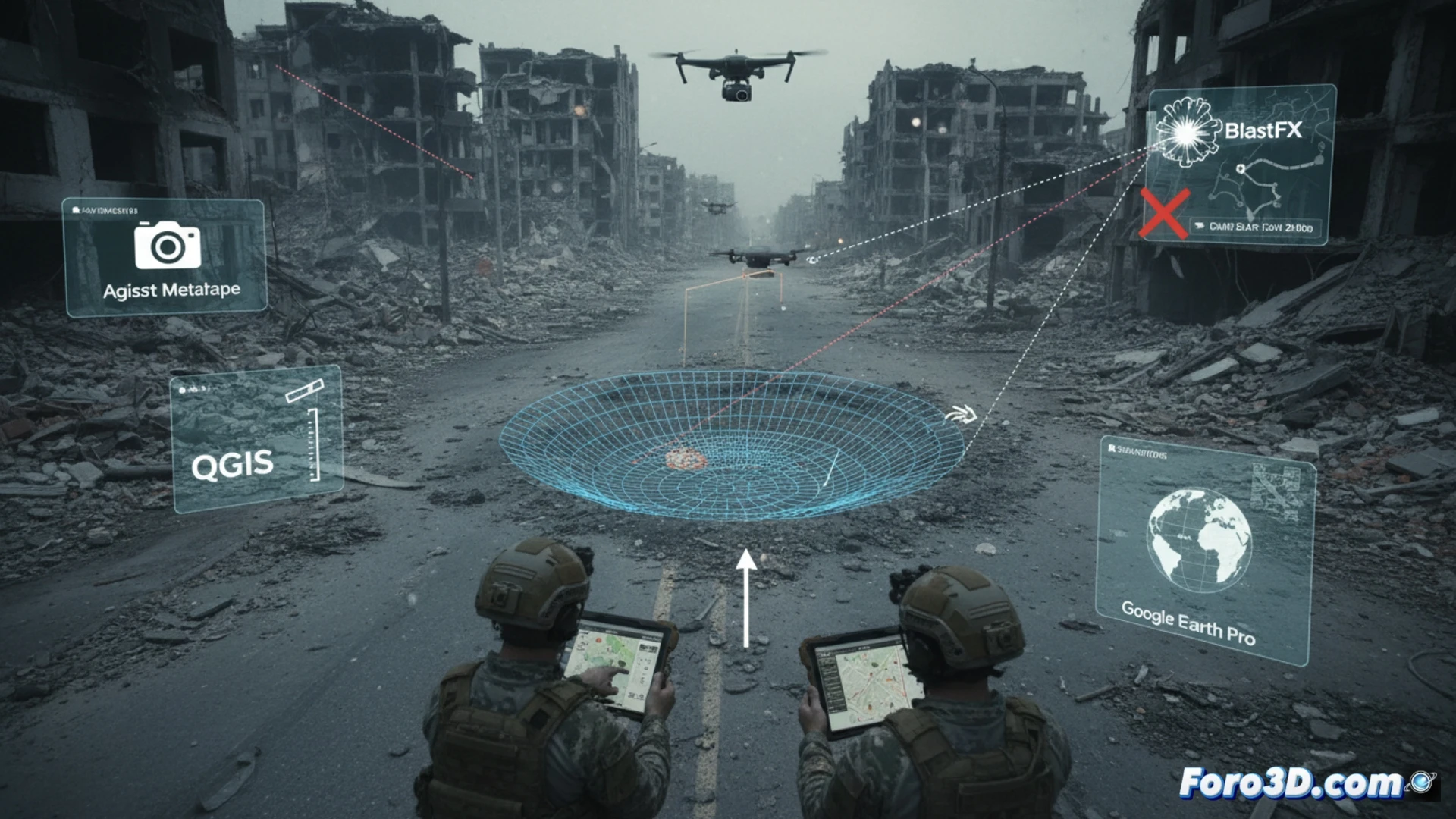 Modelo 3D de cráter de artillería en zona urbana generado con fotogrametría de dron y Metashape