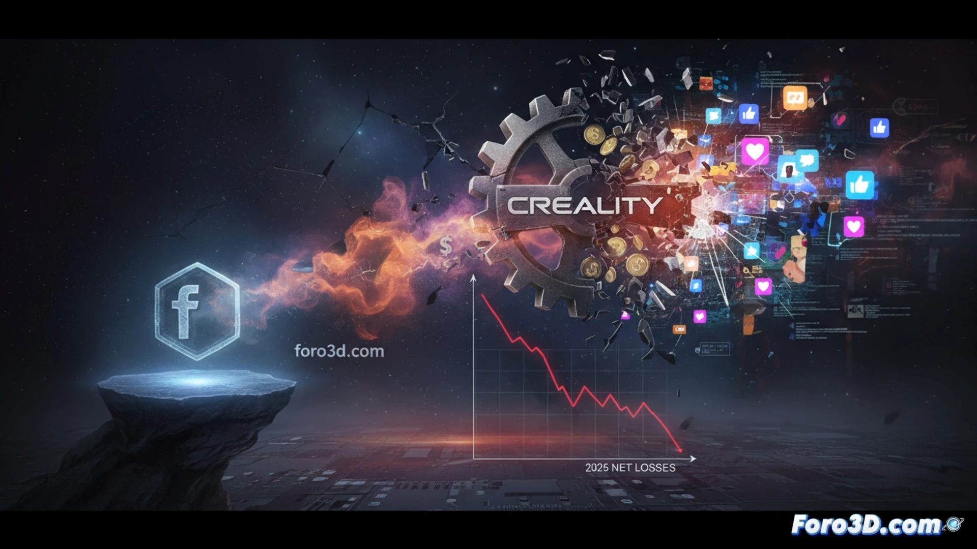 Una impresora 3D abandonada y polvorienta sobre un montón de papeles con gráficos de caída bursátil y logos de redes sociales.