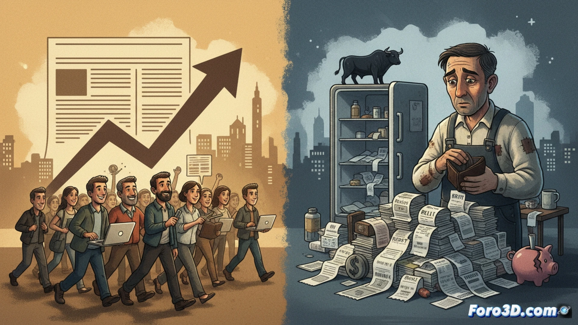 Una multitud avanza hacia oficinas, con gráficos de crecimiento elevados y monedas que se desinflan al fondo.
