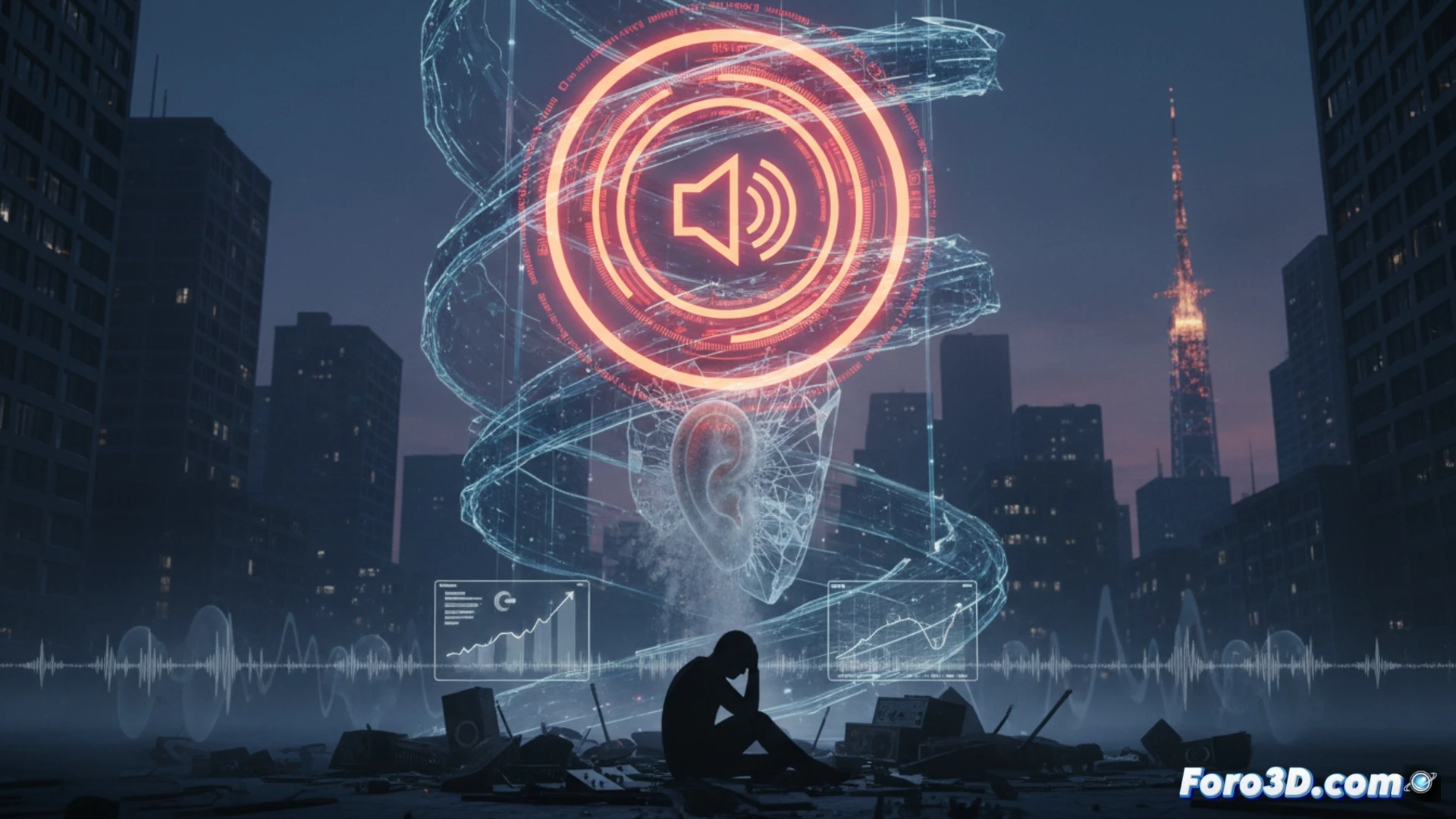 Modelo 3D de un oído interno mostrando daño celular progresivo por exposición a volúmenes altos, con gráfica de umbral auditivo ascendiendo.