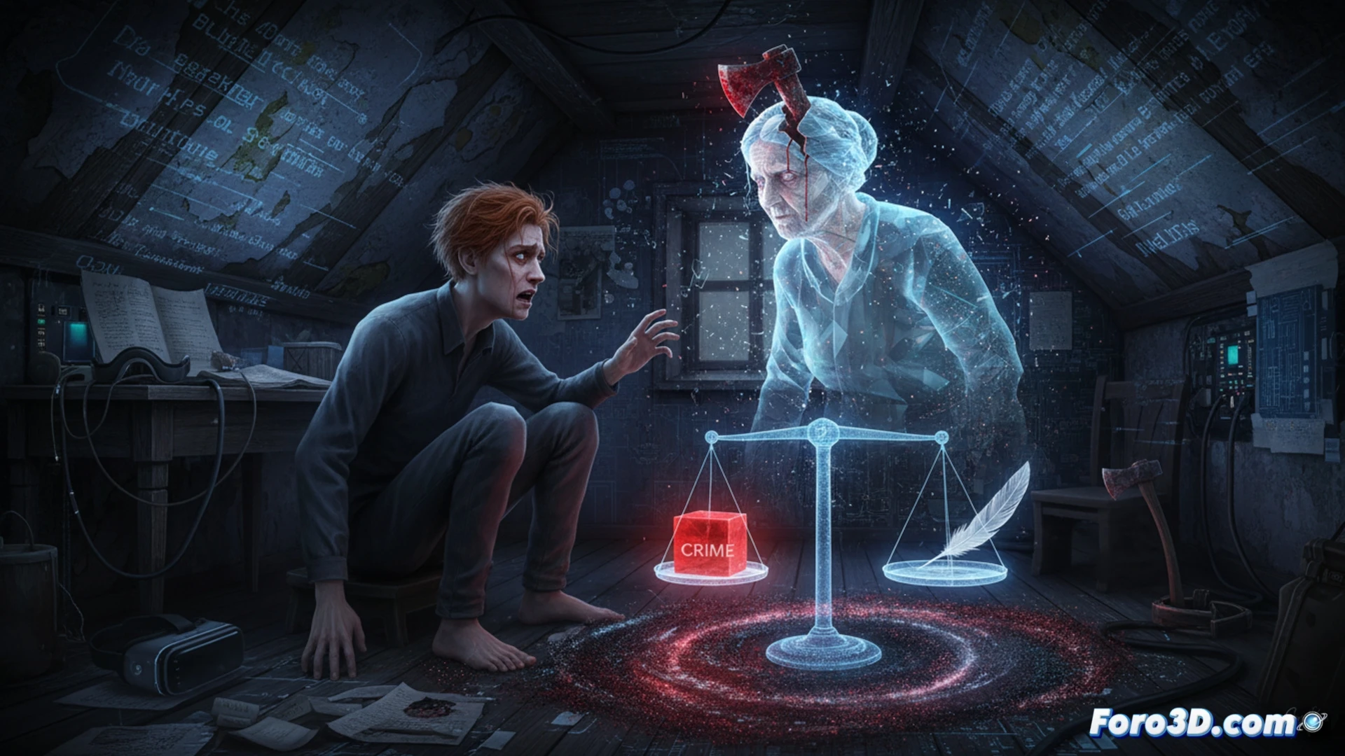 Un hombre abstracto en 3D, descompuesto en fragmentos geométricos, con un núcleo interno brillante de culpa.