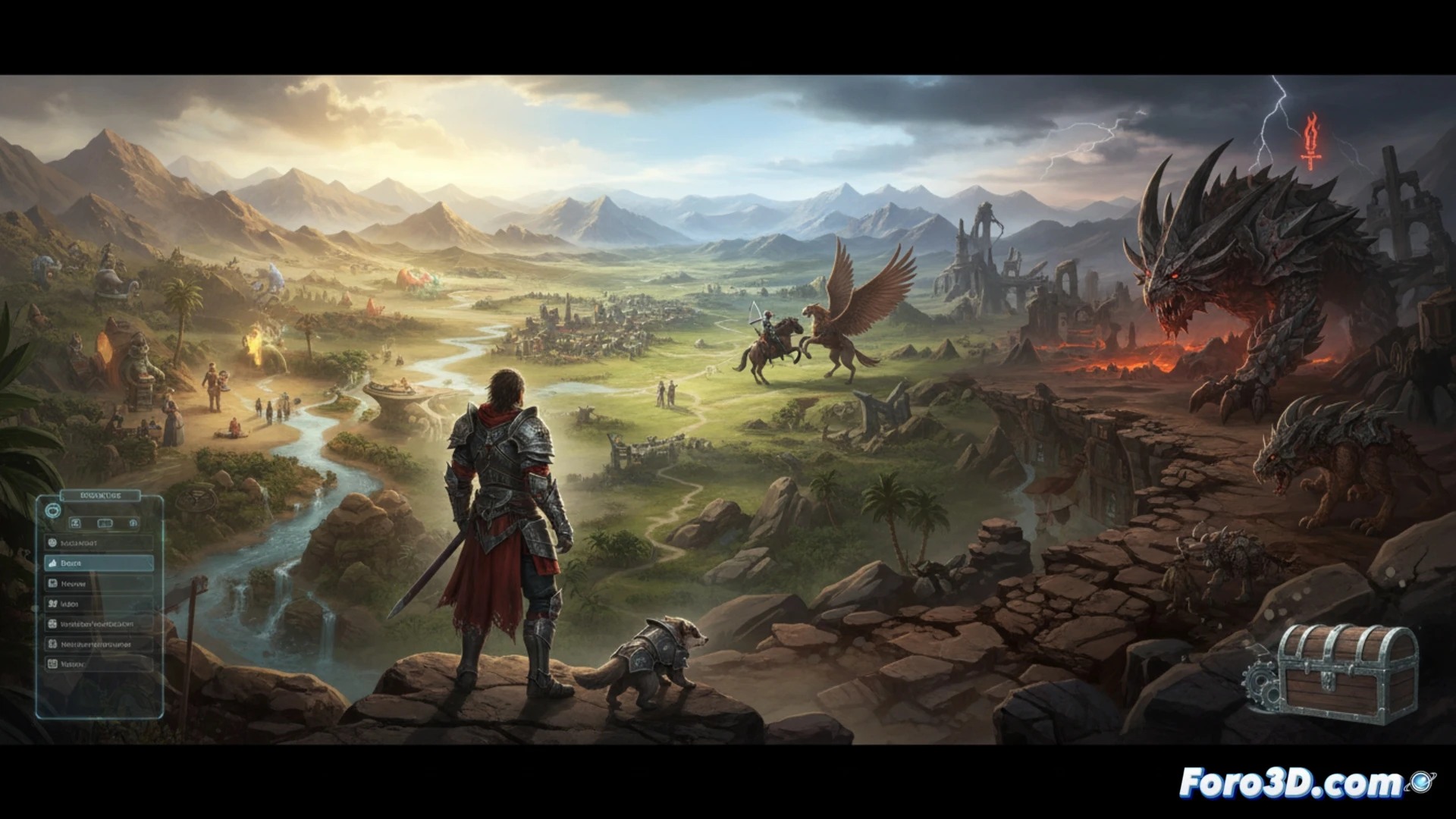 Un guerrero empuña una espada frente a tres caminos brillantes: fácil, normal y difícil, con jefes sombríos al fondo.