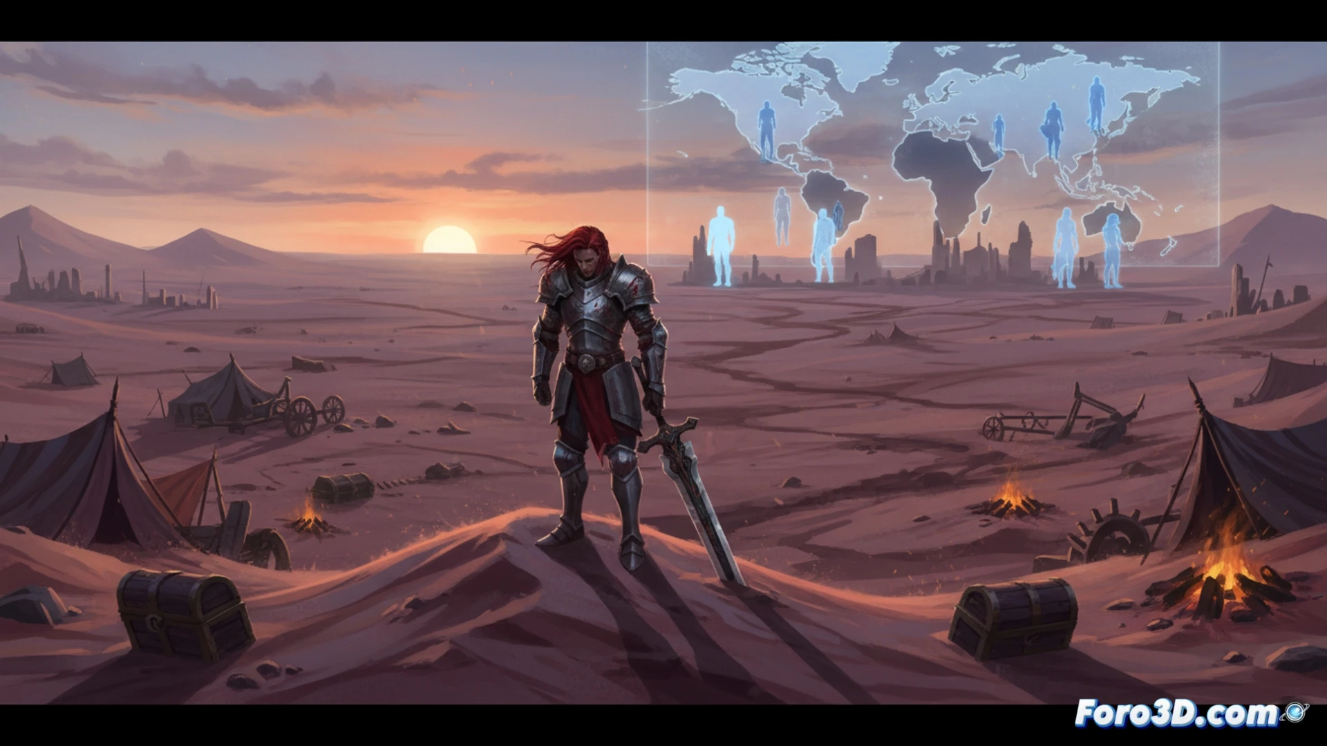 Un guerrero solitario observa un vasto y desolado paisaje, con campamentos enemigos vacíos e inactivos tras ser conquistados.