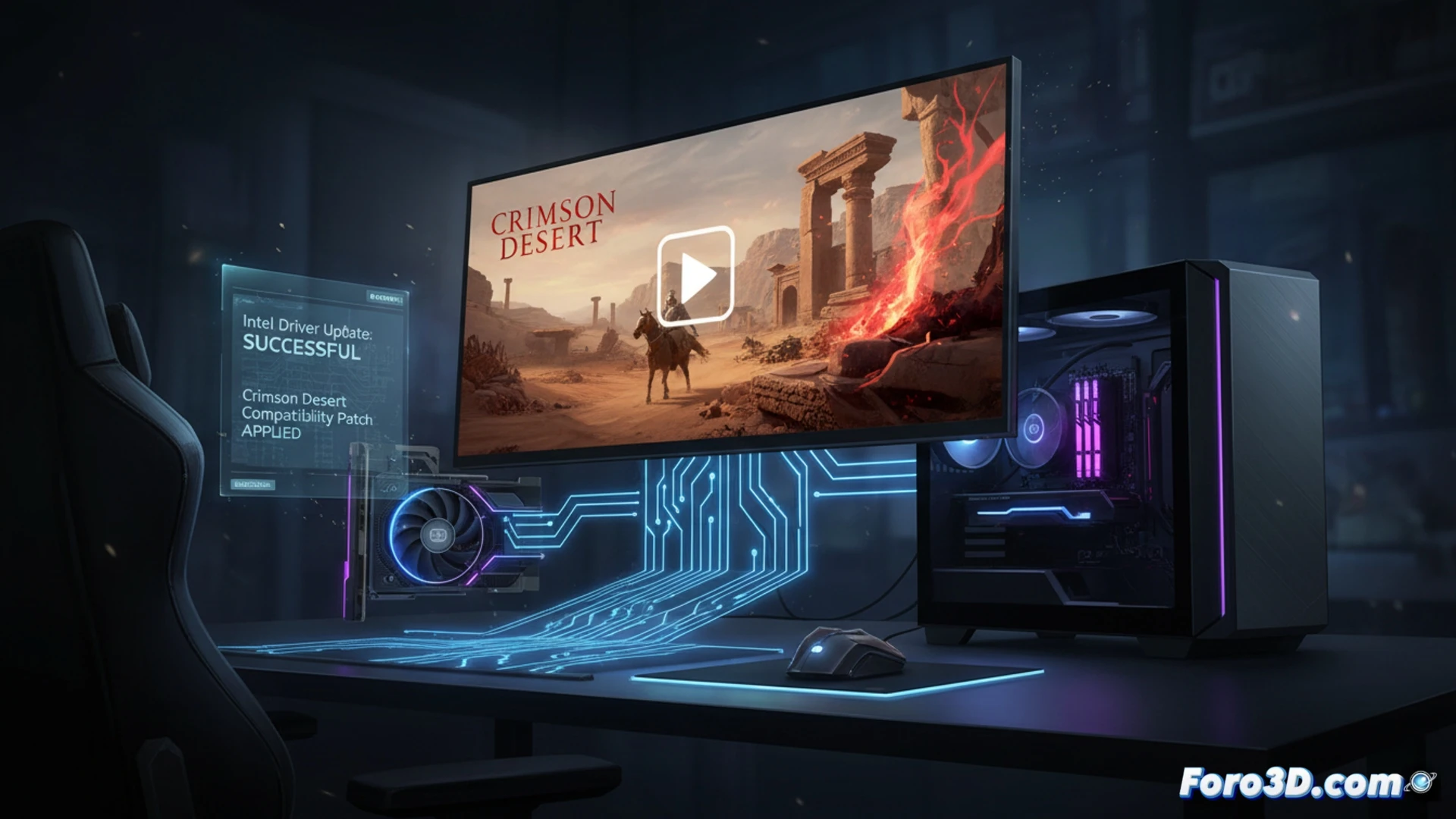 Una tarjeta gráfica Intel Arc ejecutando Crimson Desert en alta definición sin problemas.