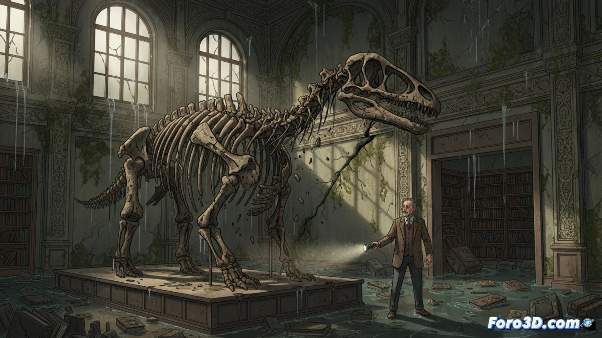 Una vitrina con especímenes antiguos, cubiertos de polvo y moho, junto a una grieta en la pared húmeda.