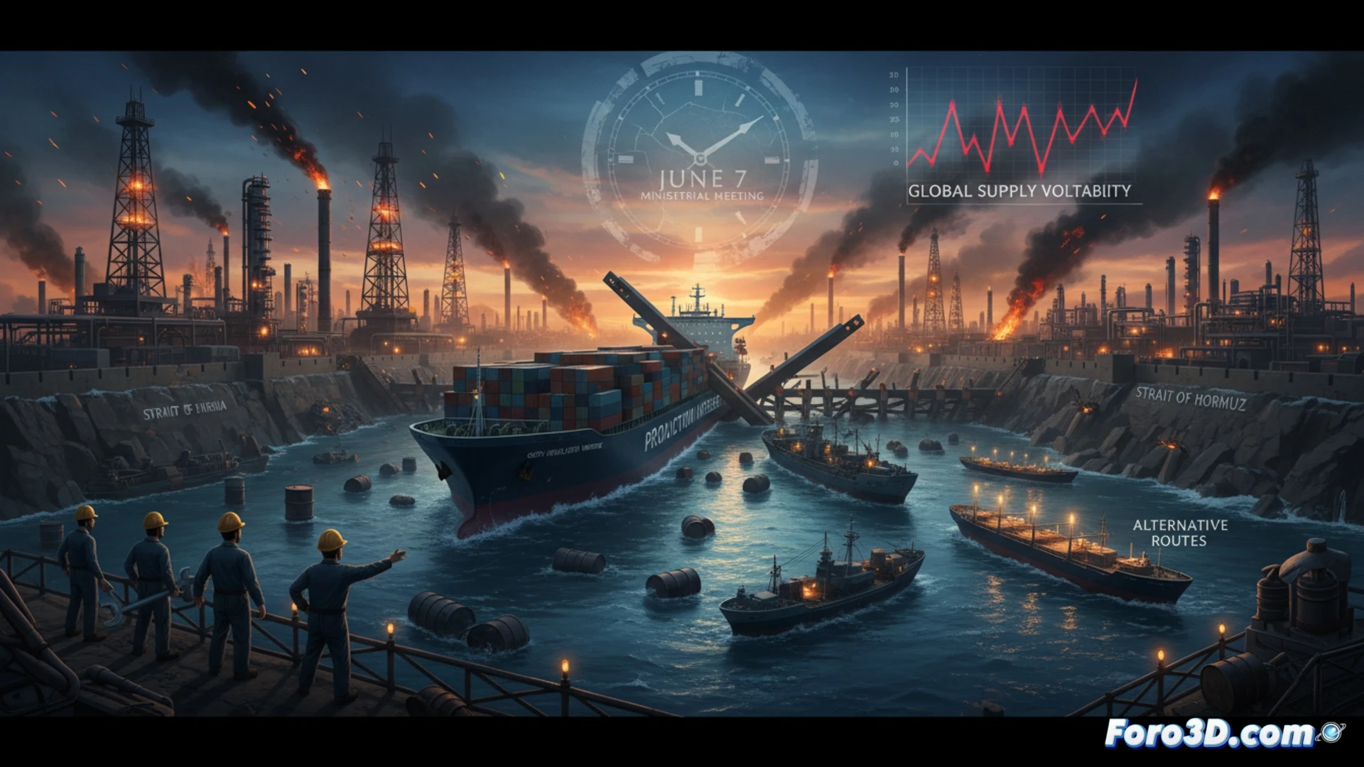 Mapa 3D del Estrecho de Ormuz mostrando rutas de petroleros bloqueadas y puntos de tension geopolitica.