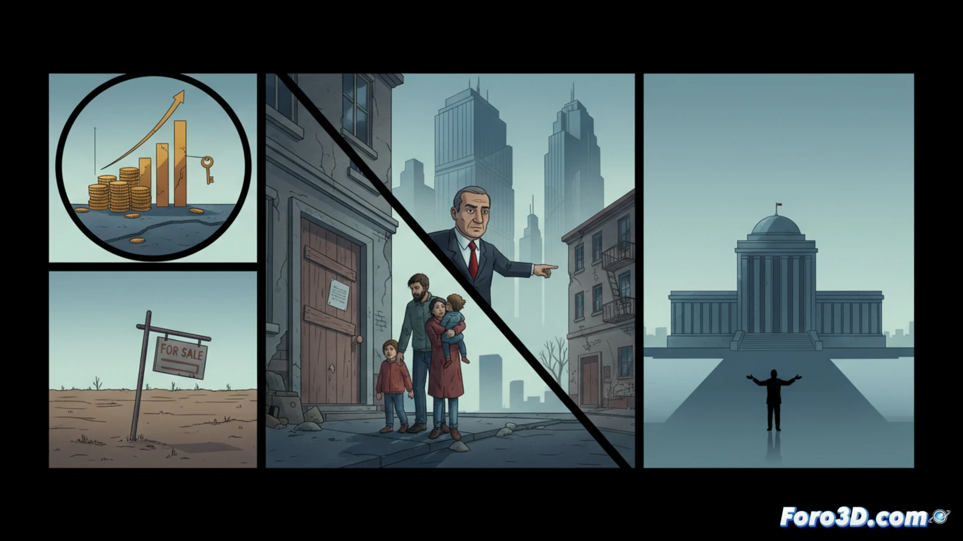 Una familia observa una orden de desahucio en su puerta, con gráficos de precios imposibles de fondo.