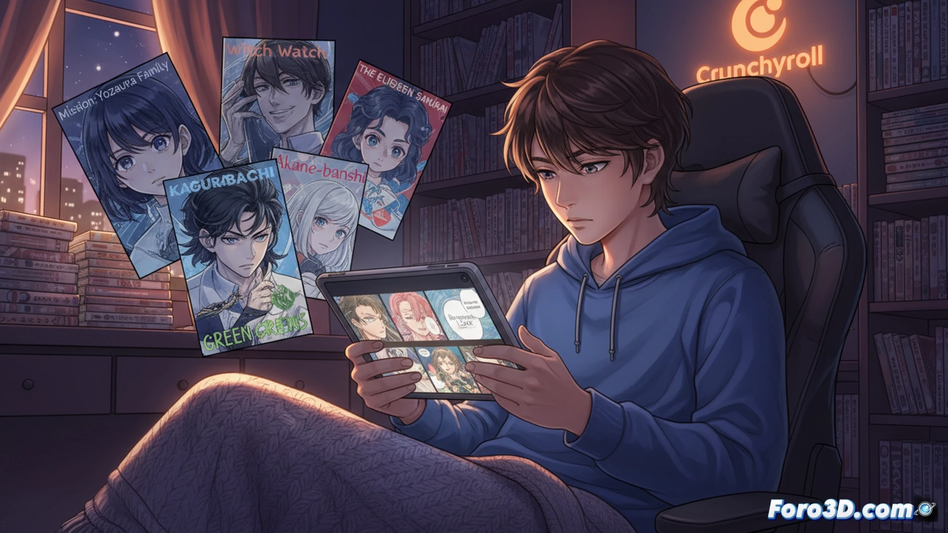 Un lector disfruta manga en Crunchyroll con logos de Shueisha y lanzamiento simultáneo visible.