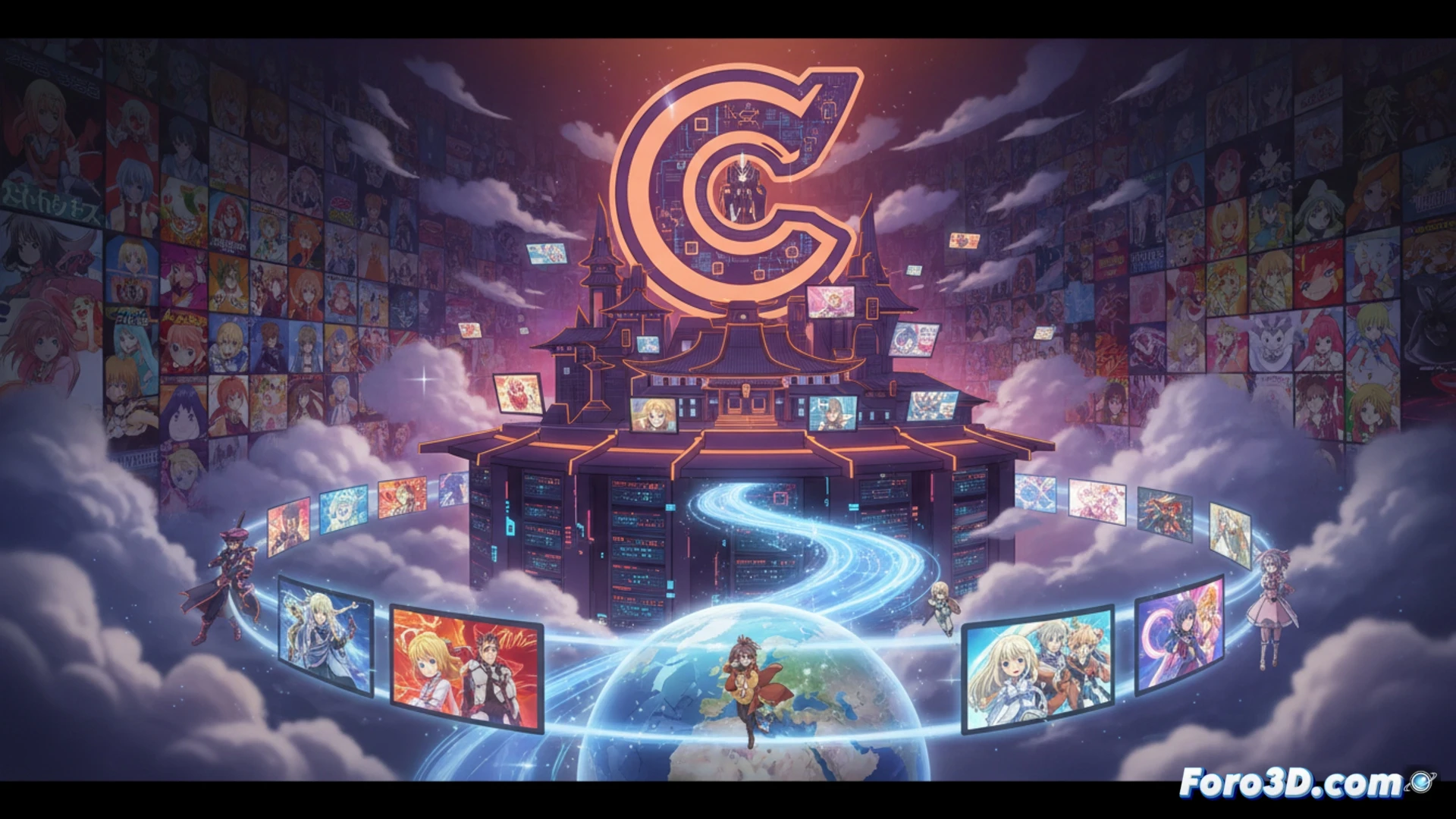 Una pantalla con el logo de Crunchyroll dominando sobre un fondo de populares series de anime.