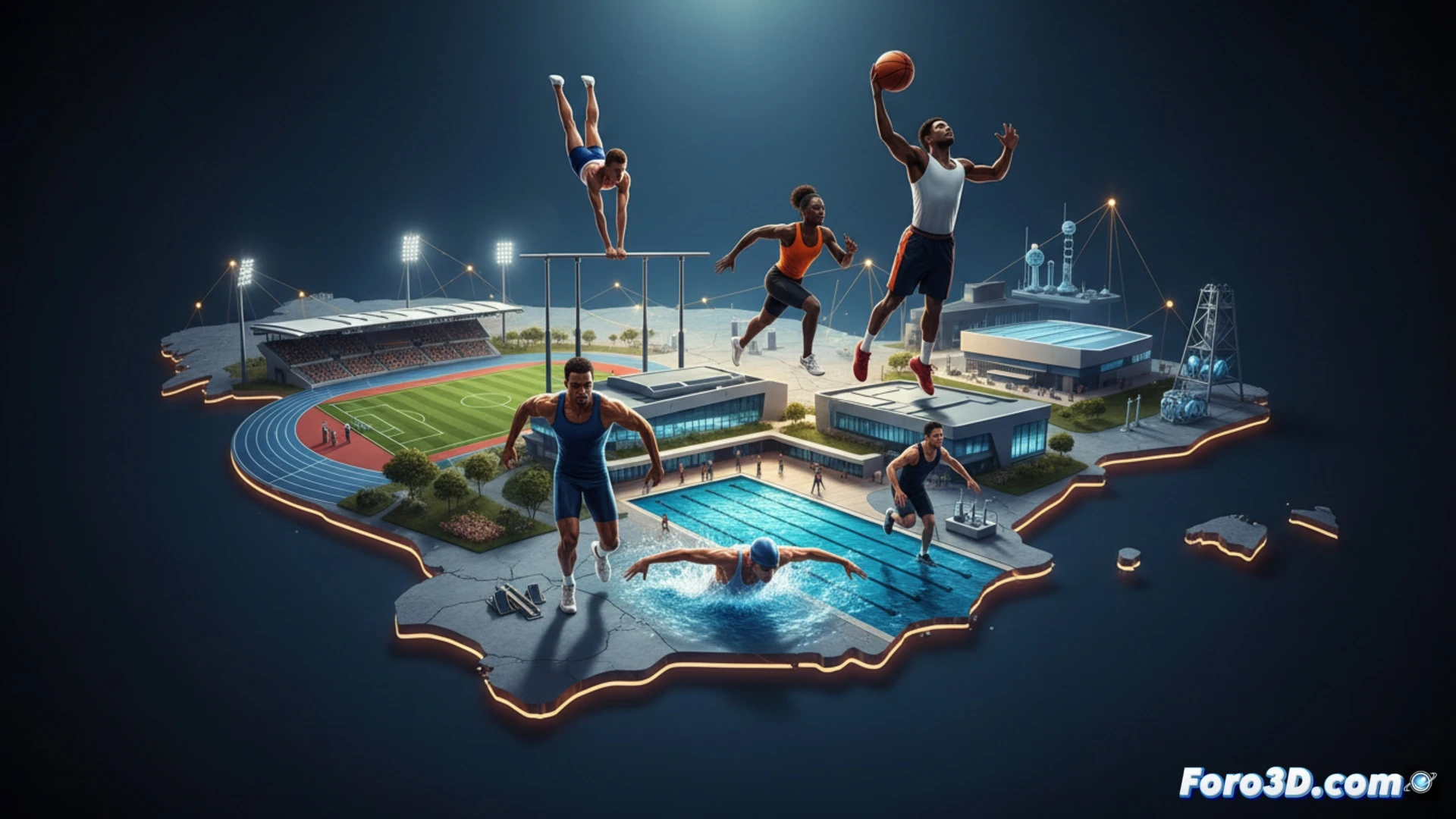 Joven atleta entrena en moderno centro deportivo con bandera de España al fondo.