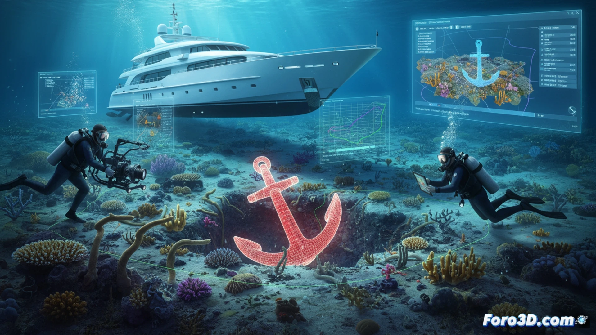 Modelo 3D fotogramétrico de un arrecife de coral dañado, mostrando las marcas de impacto de un ancla sobre el fondo marino.