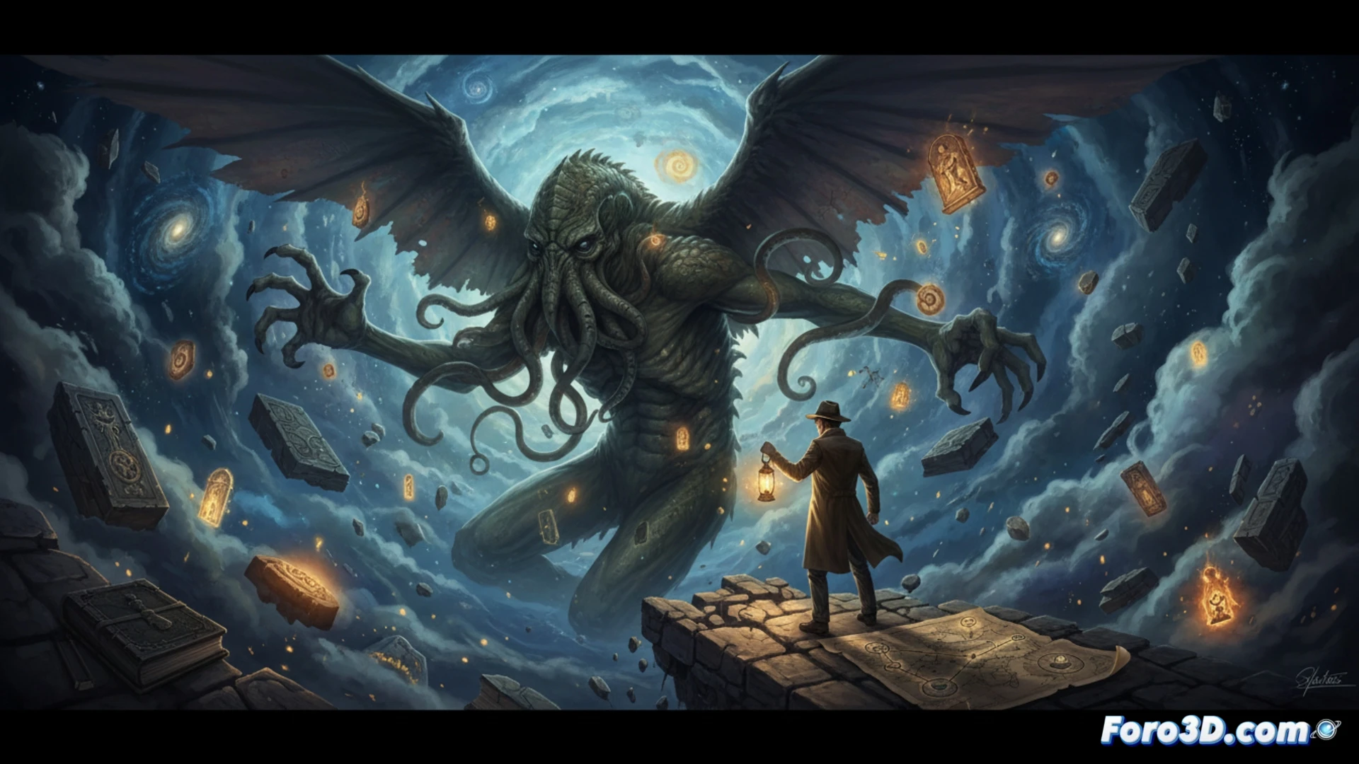 Un investigador ante un papiro antiguo, rodeado de sombras tentaculares y símbolos indescifrables.