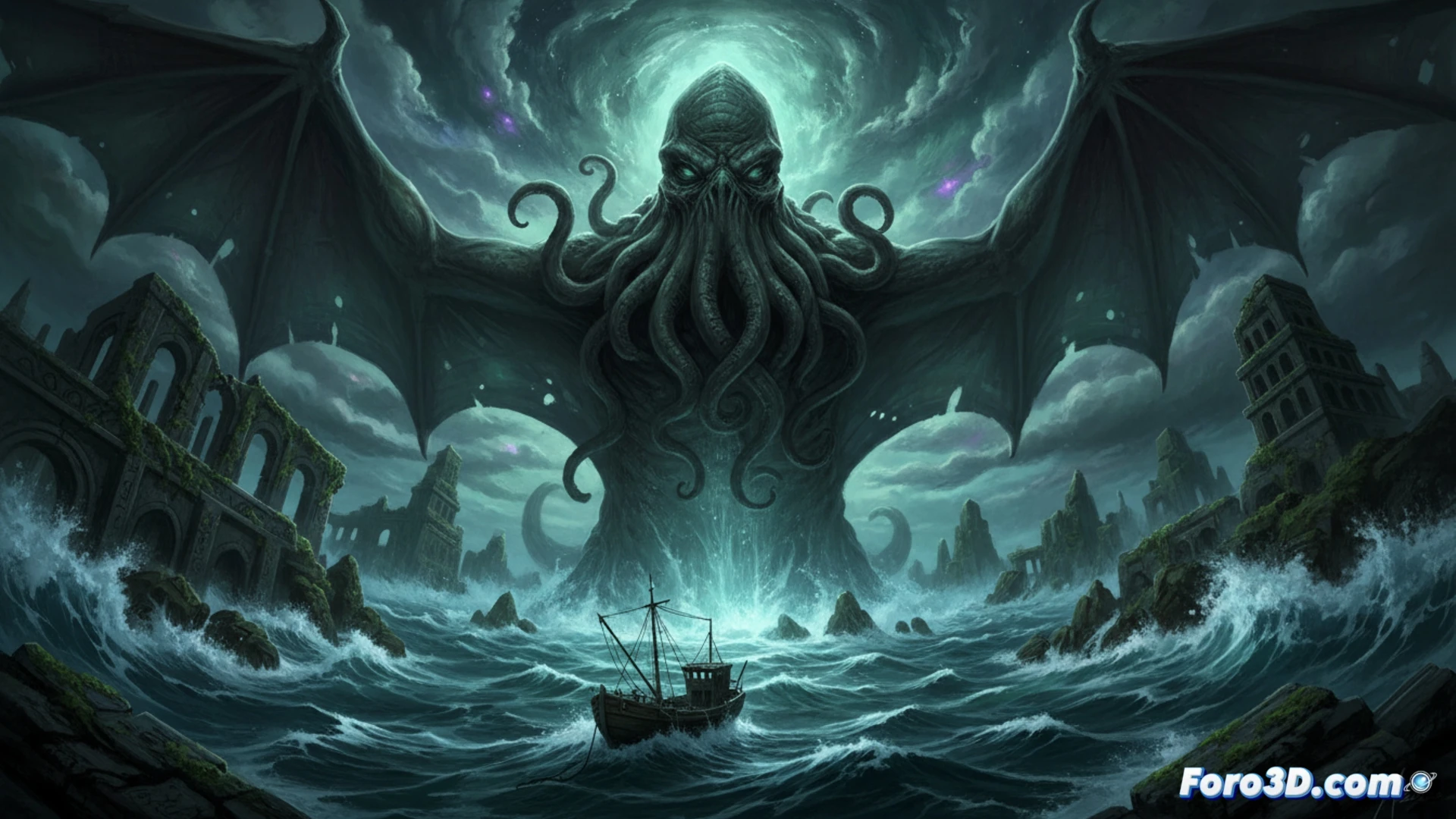 Un investigador ante un portal cósmico, con un botón de guardado roto y brillante en primer plano.