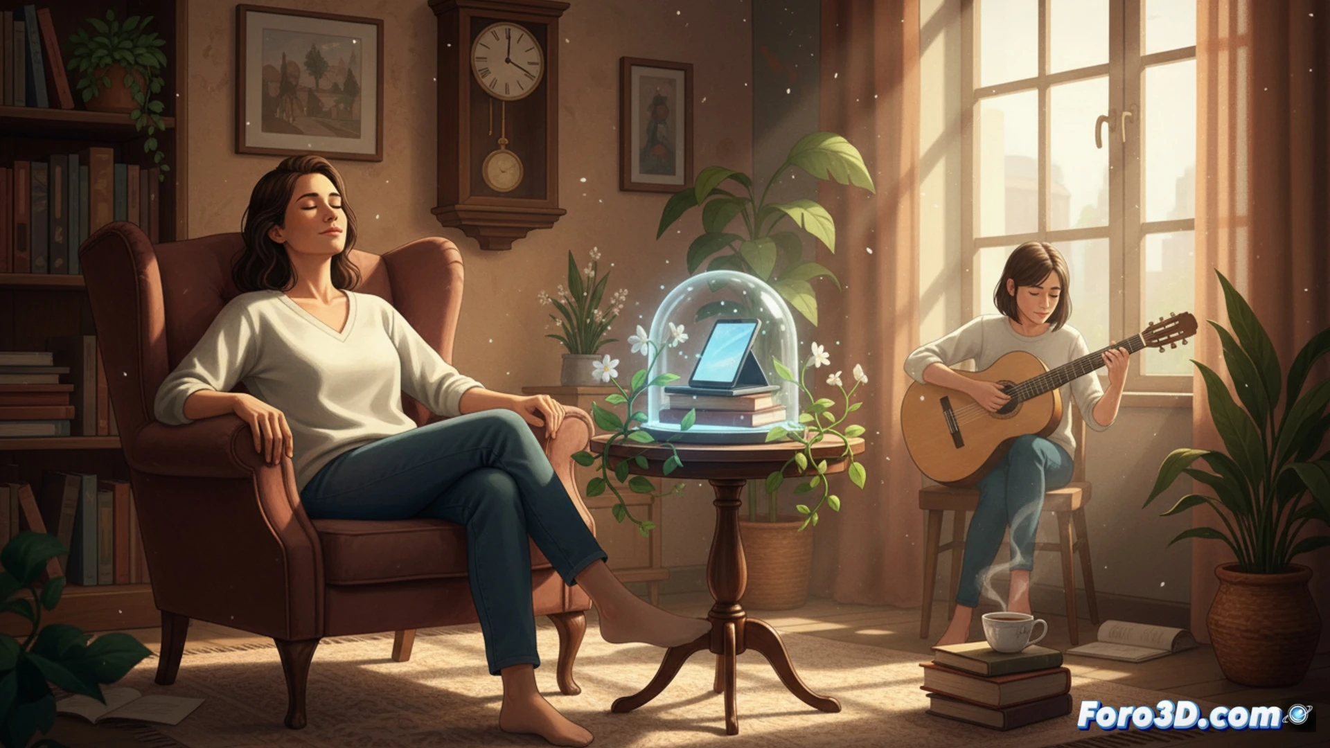 Un italiano desconecta su móvil junto a un libro abierto, rodeado de naturaleza, simbolizando la desintoxicación digital.