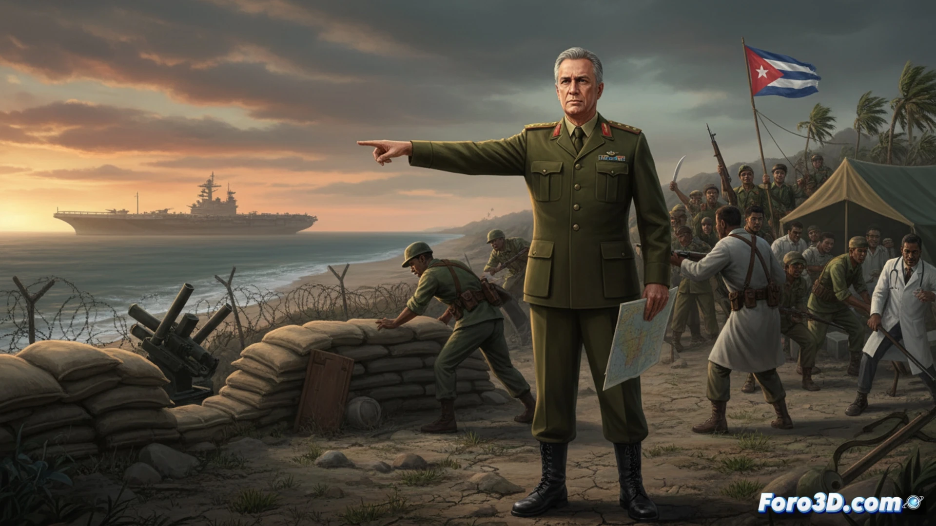 Un mapa de Cuba en rojo, con un soldado sombrío y banderas de EE.UU. al fondo, bajo un cielo tormentoso.