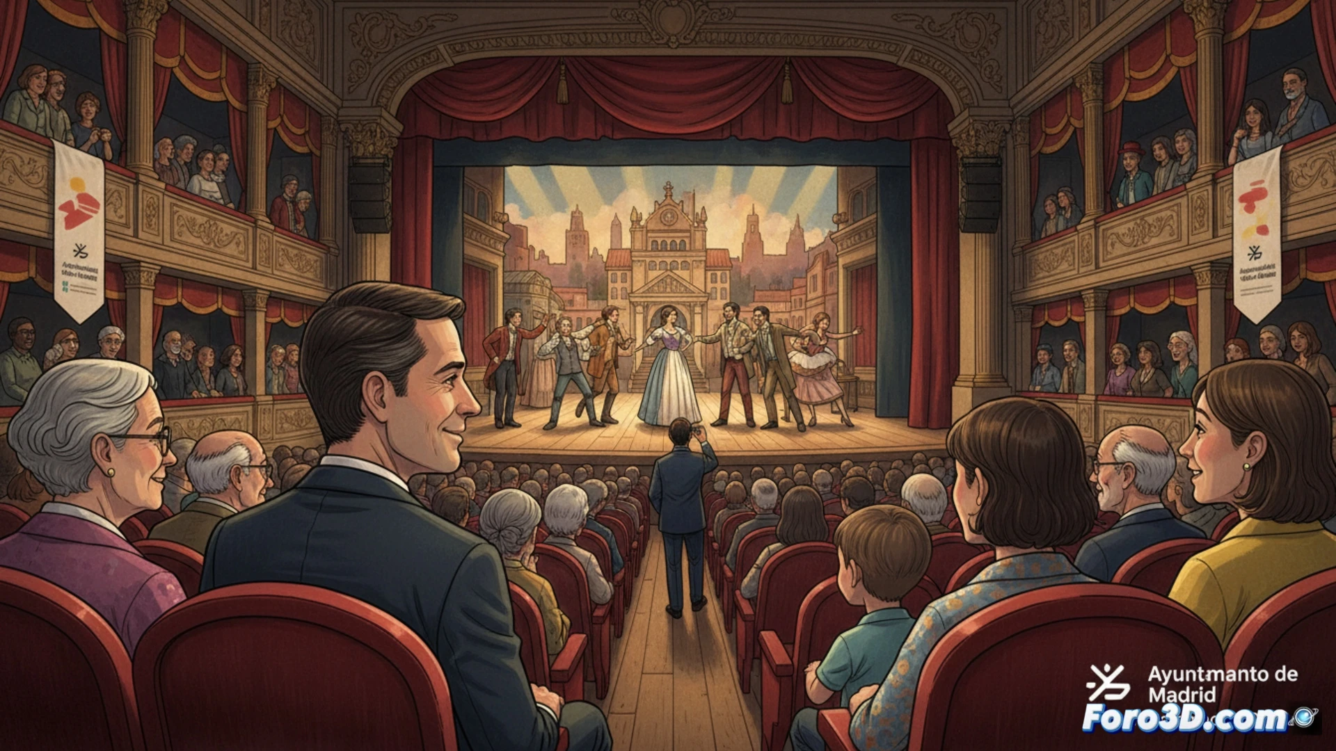 Un concejal asiste a una obra de teatro en un centro cultural de barrio, mientras algunos vecinos conversan fuera.