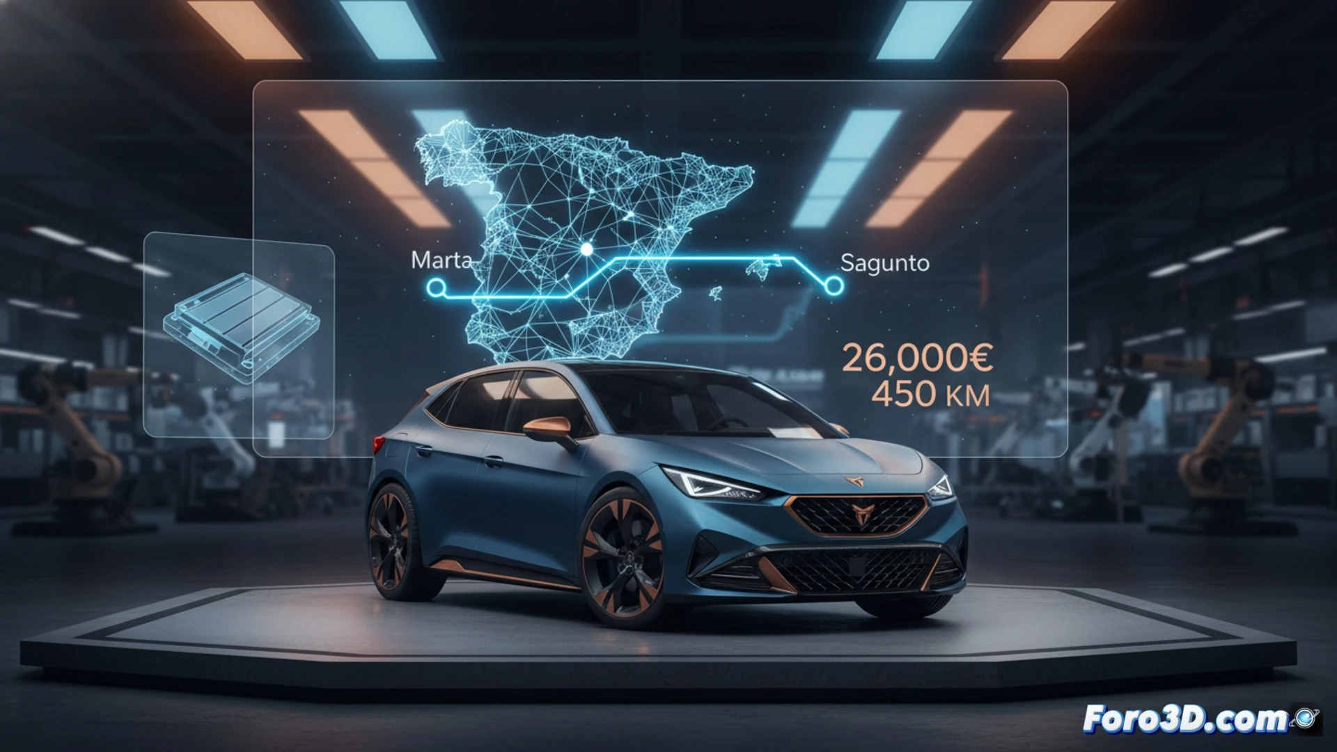 Imagen del Cupra Raval, un compacto eléctrico español, en primer plano sobre un fondo industrial moderno.