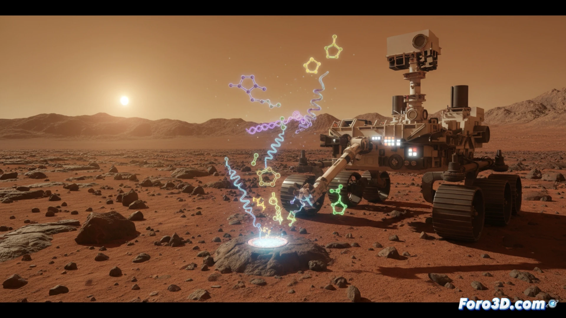 El rover Curiosity perfora el suelo marciano, con un haz de luz química; moléculas orgánicas brillan en la oscuridad del cráter Gale.