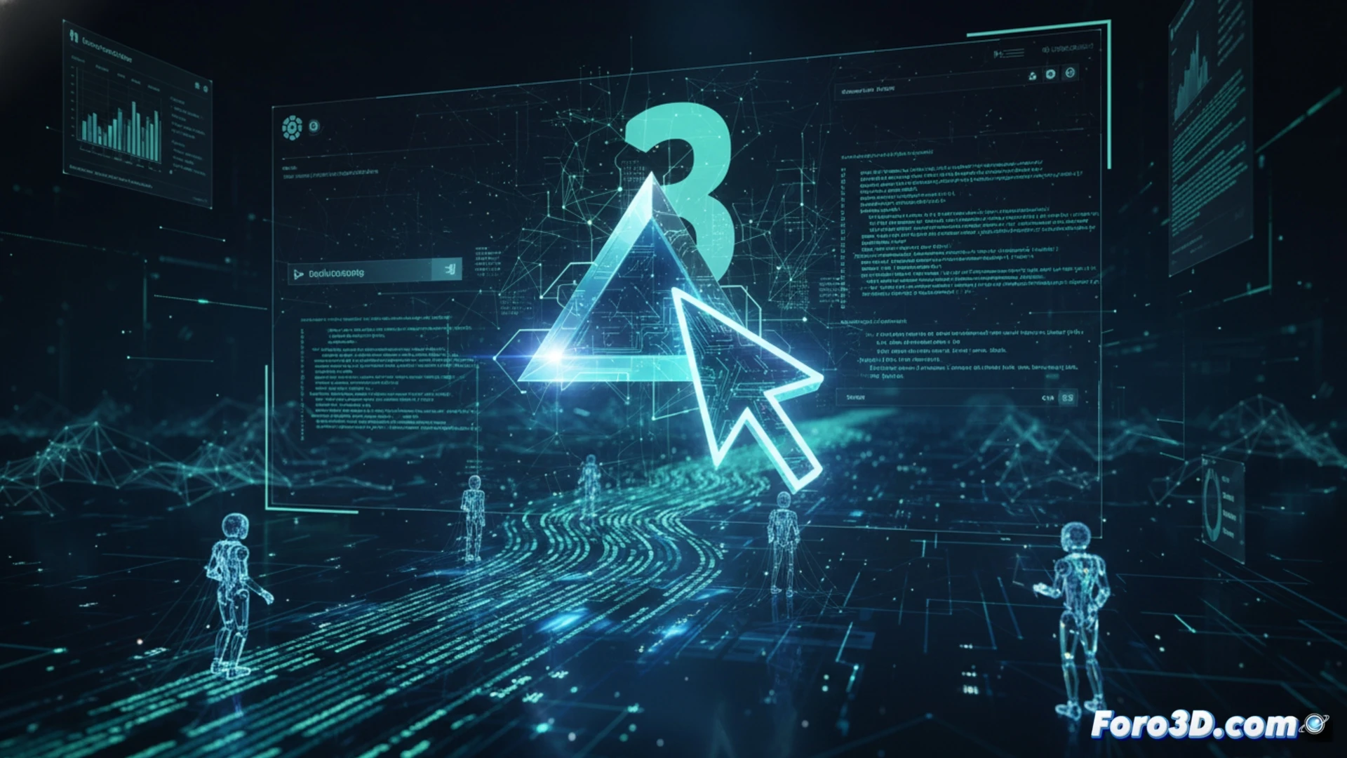 Un programador observa agentes de código autónomos trabajando en múltiples pantallas, con el logo de Cursor 3 destacado.